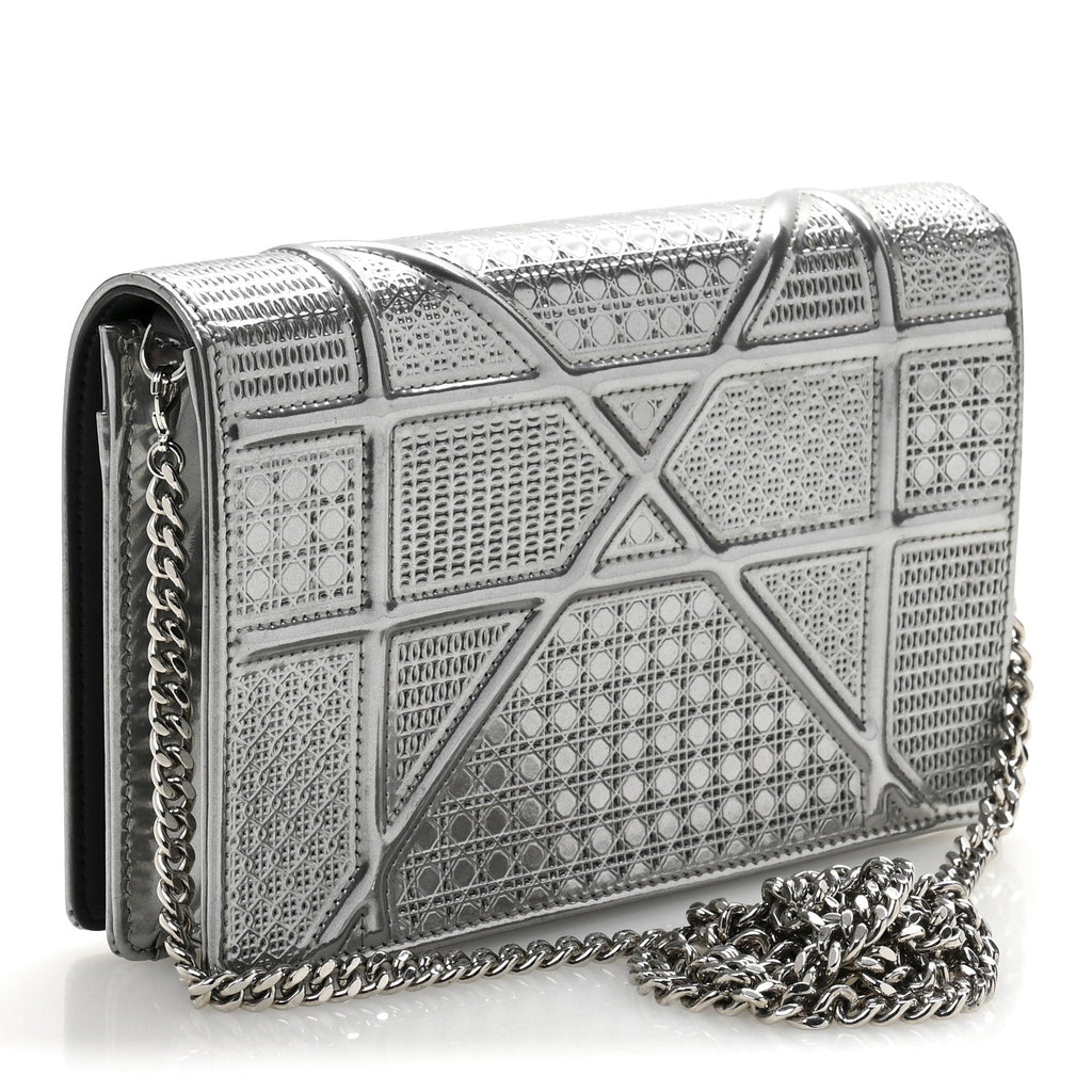Metallic Patent Micro-Cannage Diorama Wallet on Chain Pouch Silver