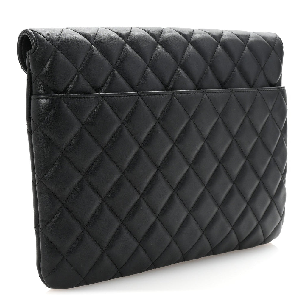 Calfskin Quilted Front Logo Enchained Clutch Black