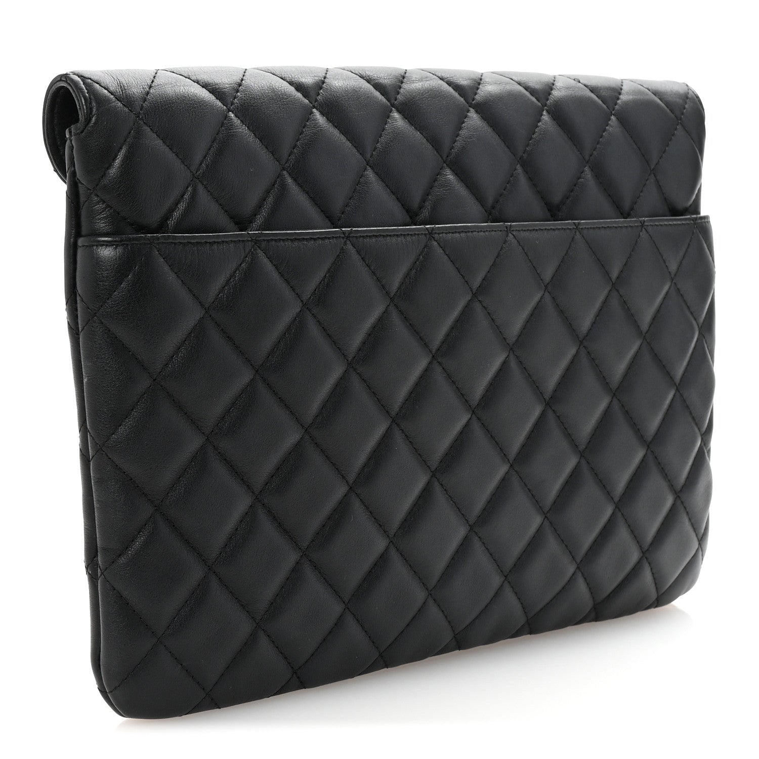 Calfskin Quilted Front Logo Enchained Clutch Black
