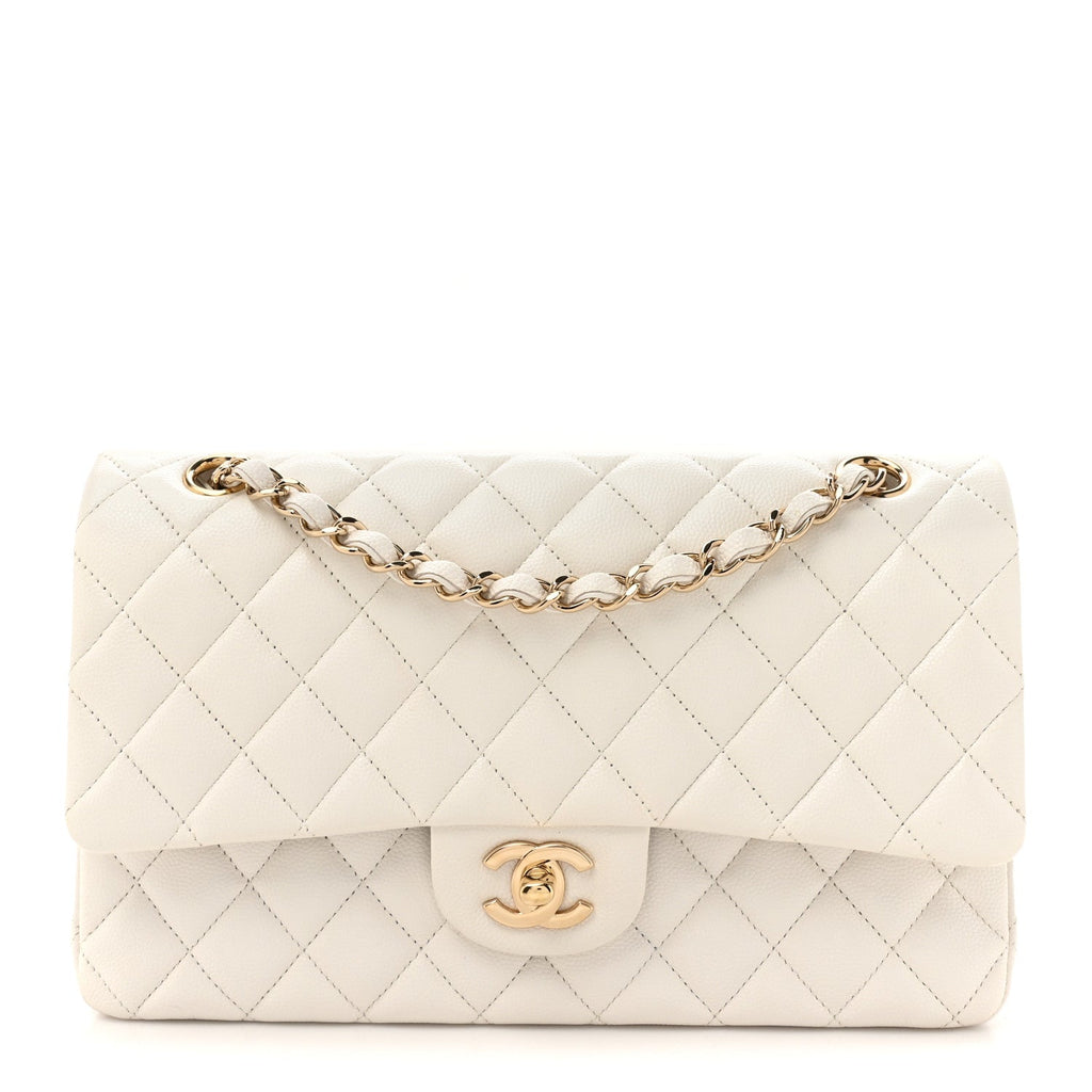 Caviar Quilted Medium Double Flap White