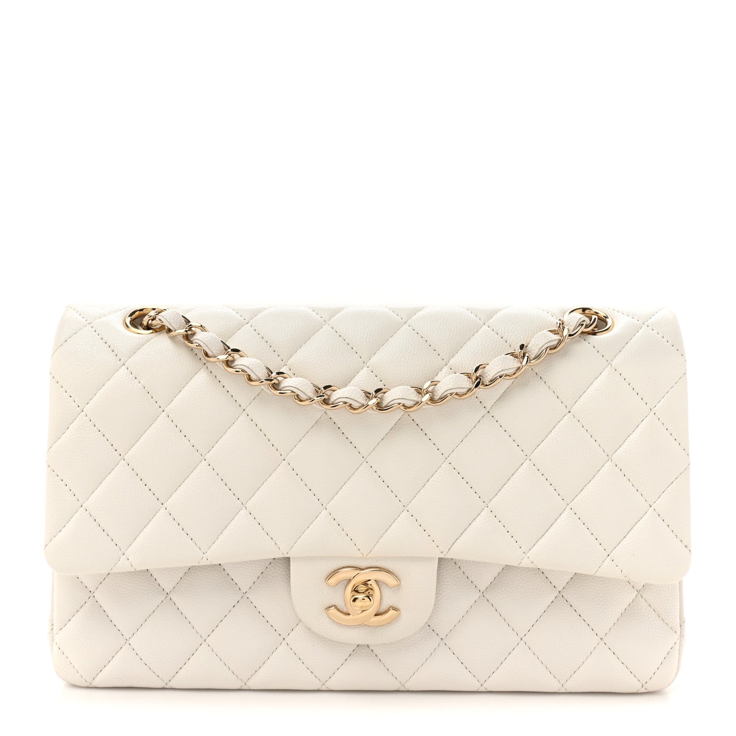 Caviar Quilted Medium Double Flap White