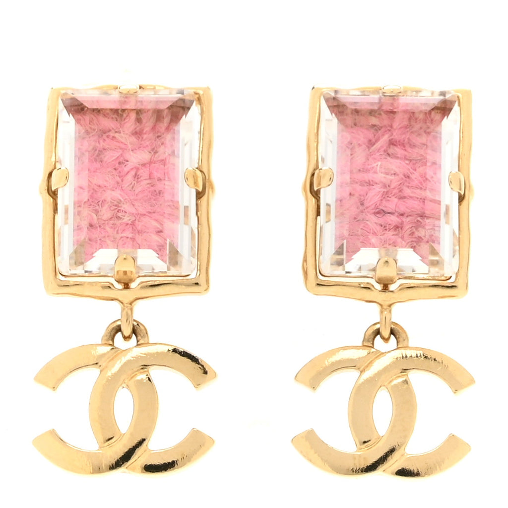 Crystal Tweed CC Drop Earrings Pink Gold