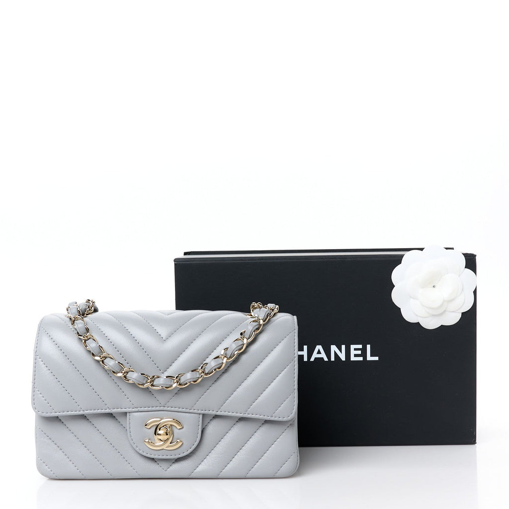 Lambskin Chevron Quilted Mini Rectangular Flap Grey