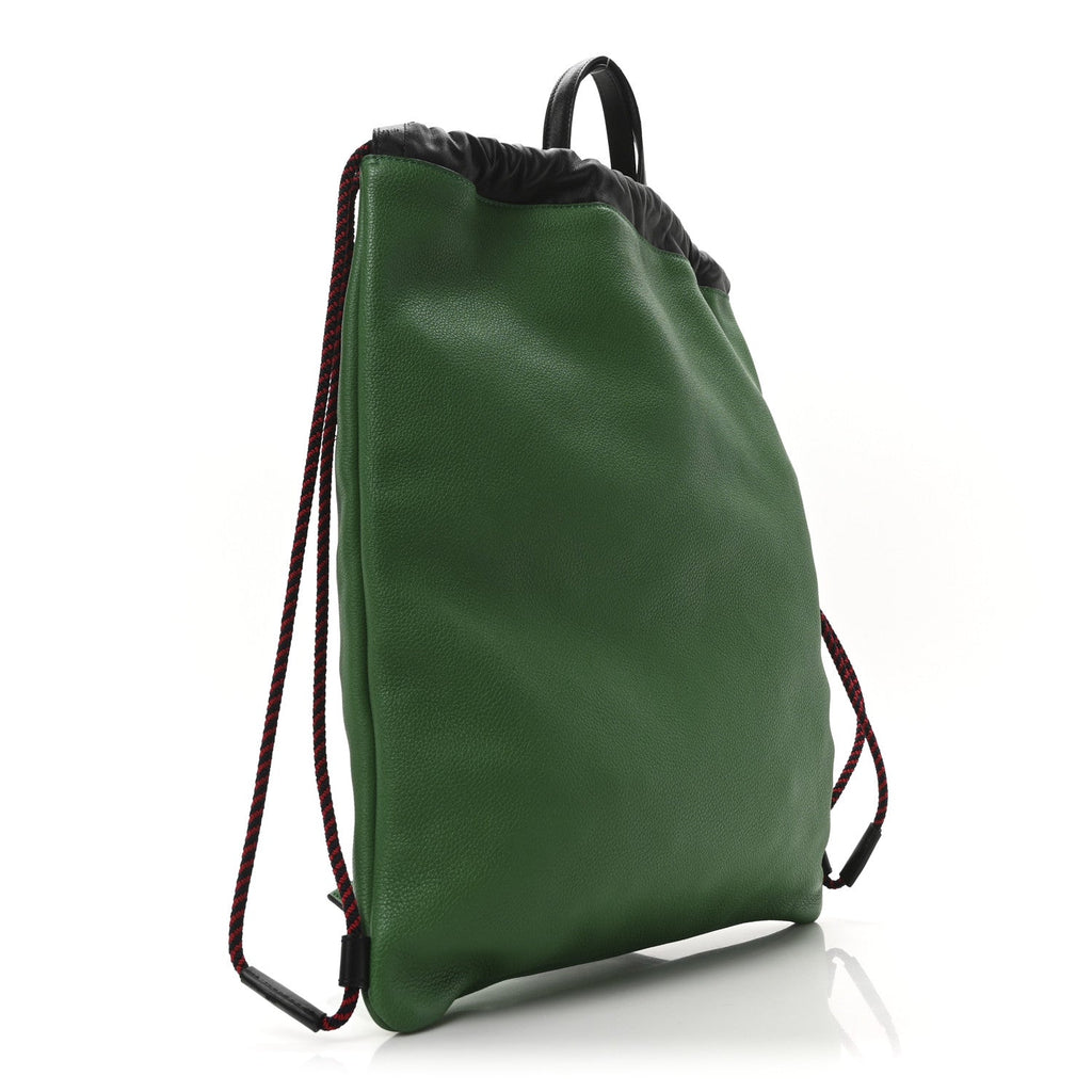 Grained Calfskin Logo Drawstring Backpack Green