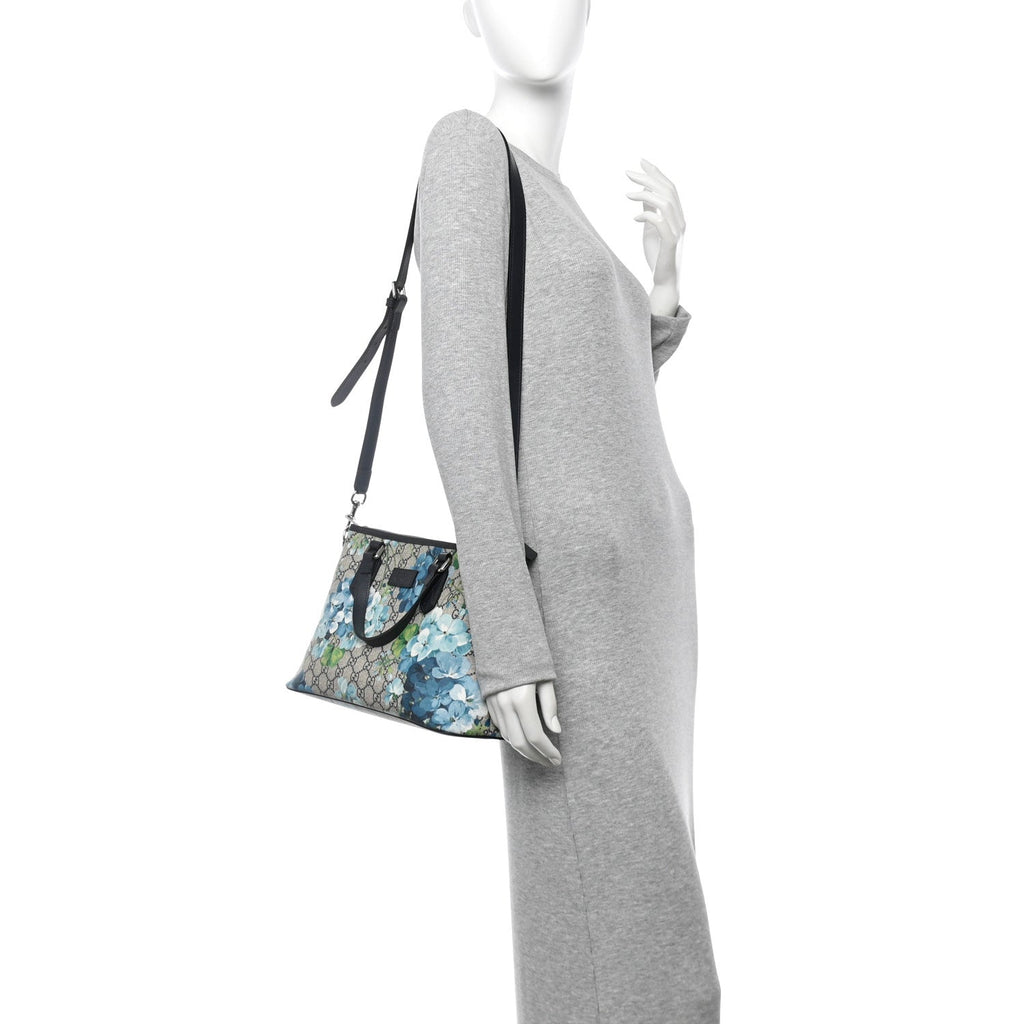 GG Supreme Monogram Blooms Small Zippered Tote Blue