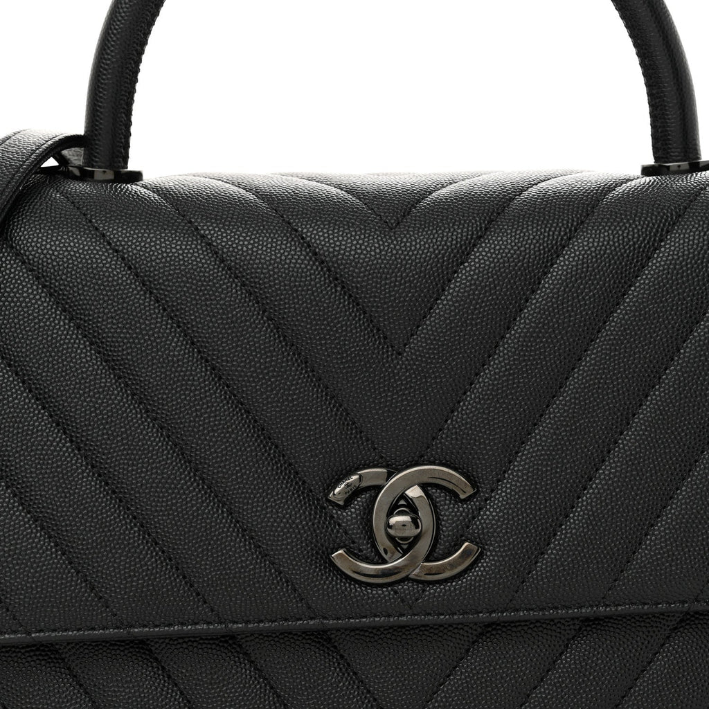 Caviar Chevron Quilted Small Coco Handle Flap So Black