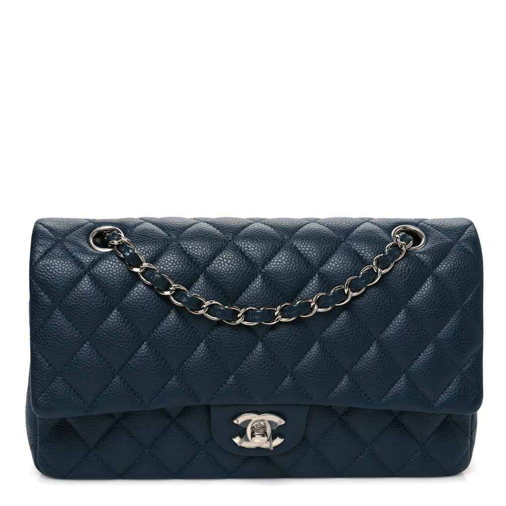 Caviar Quilted Medium Double Flap Dark Blue