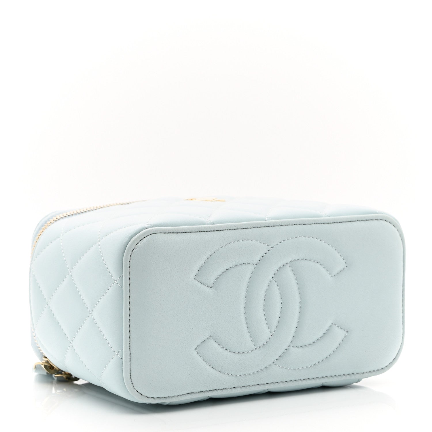 Lambskin Quilted Small Top Handle Vanity Case With Chain Light Blue