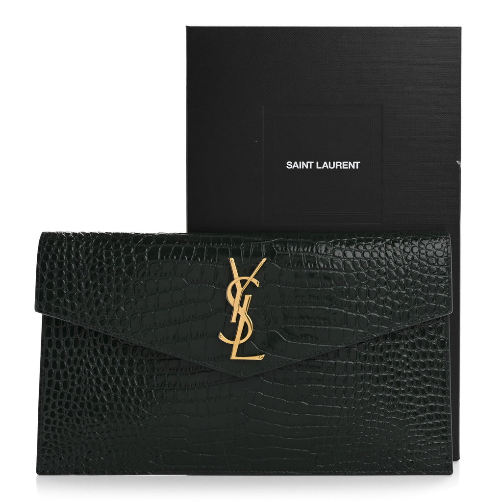 Calfskin Crocodile Embossed Uptown Monogram Clutch Dark Green