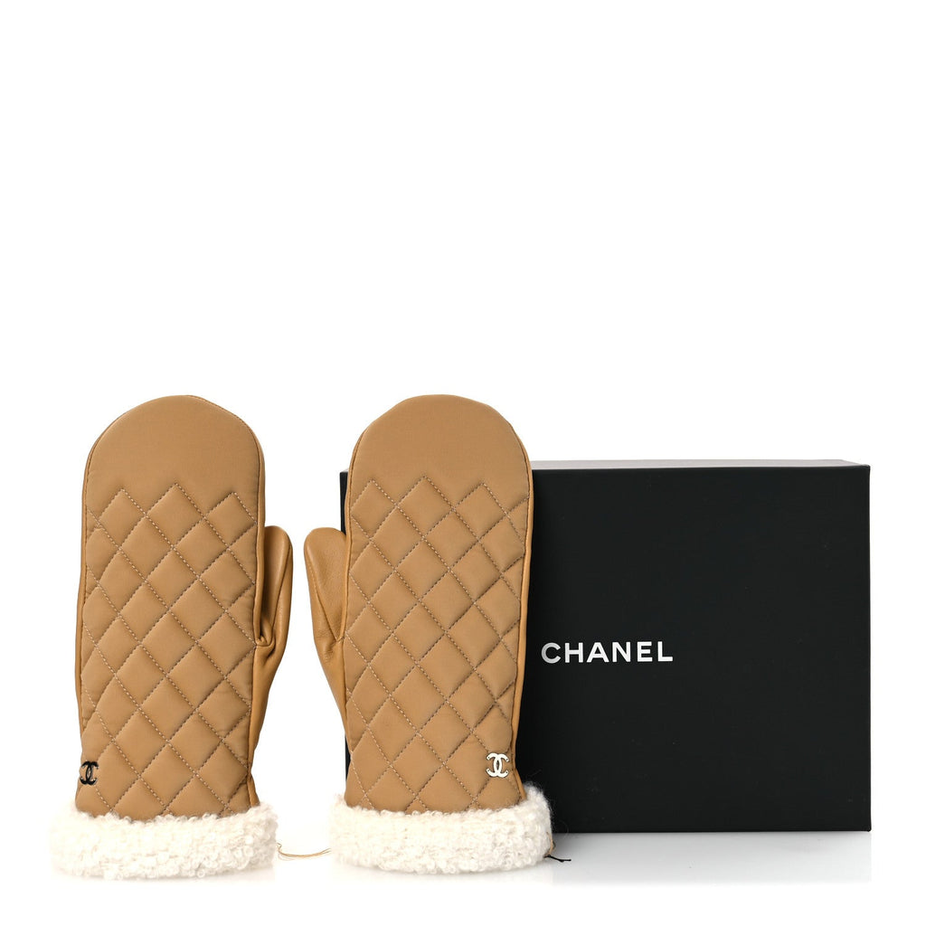 Lambskin Nylon Quilted CC Mittens S Beige