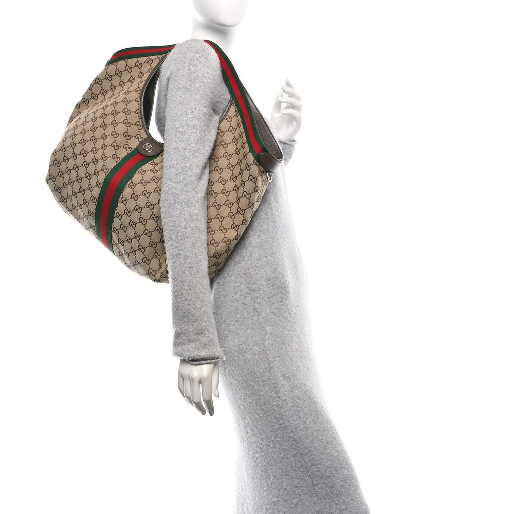 GG Supreme Monogram Web Large Giglio Tote Bag Beige Dark Brown