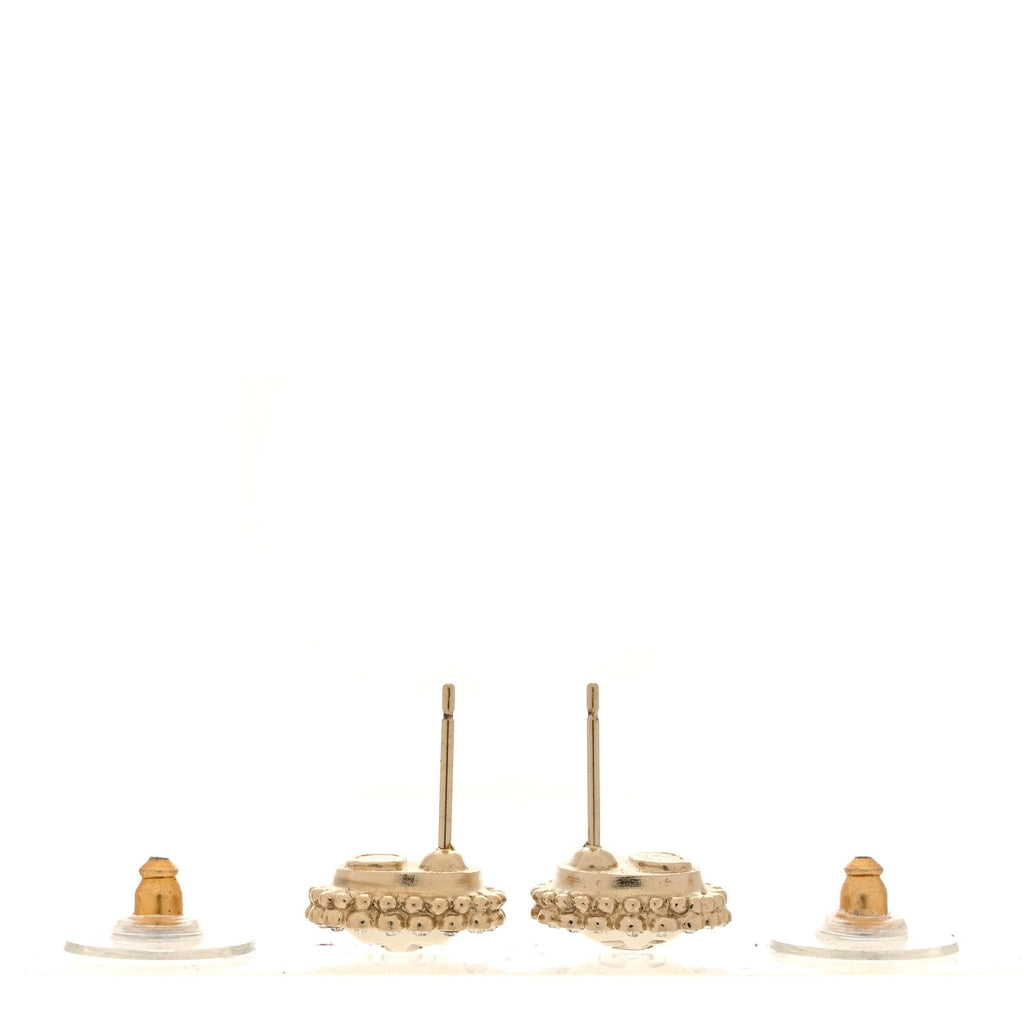 Metal Pearl Crystal CC Round Earrings Light Gold