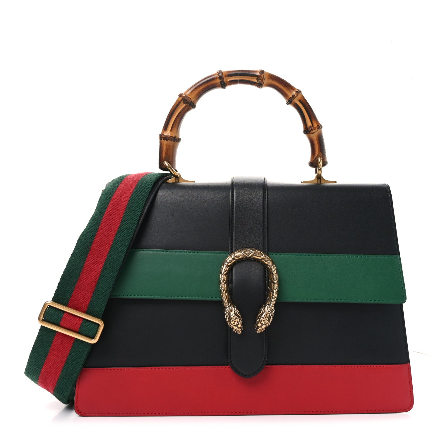 Calfskin Bamboo Web Large Dionysus Top Handle Bag Black Bright Evergreen Hibiscus Red