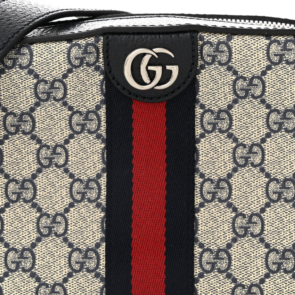 GG Supreme Monogram Textured Dollar Calfskin Web Small Ophidia Camera Bag Beige Blue