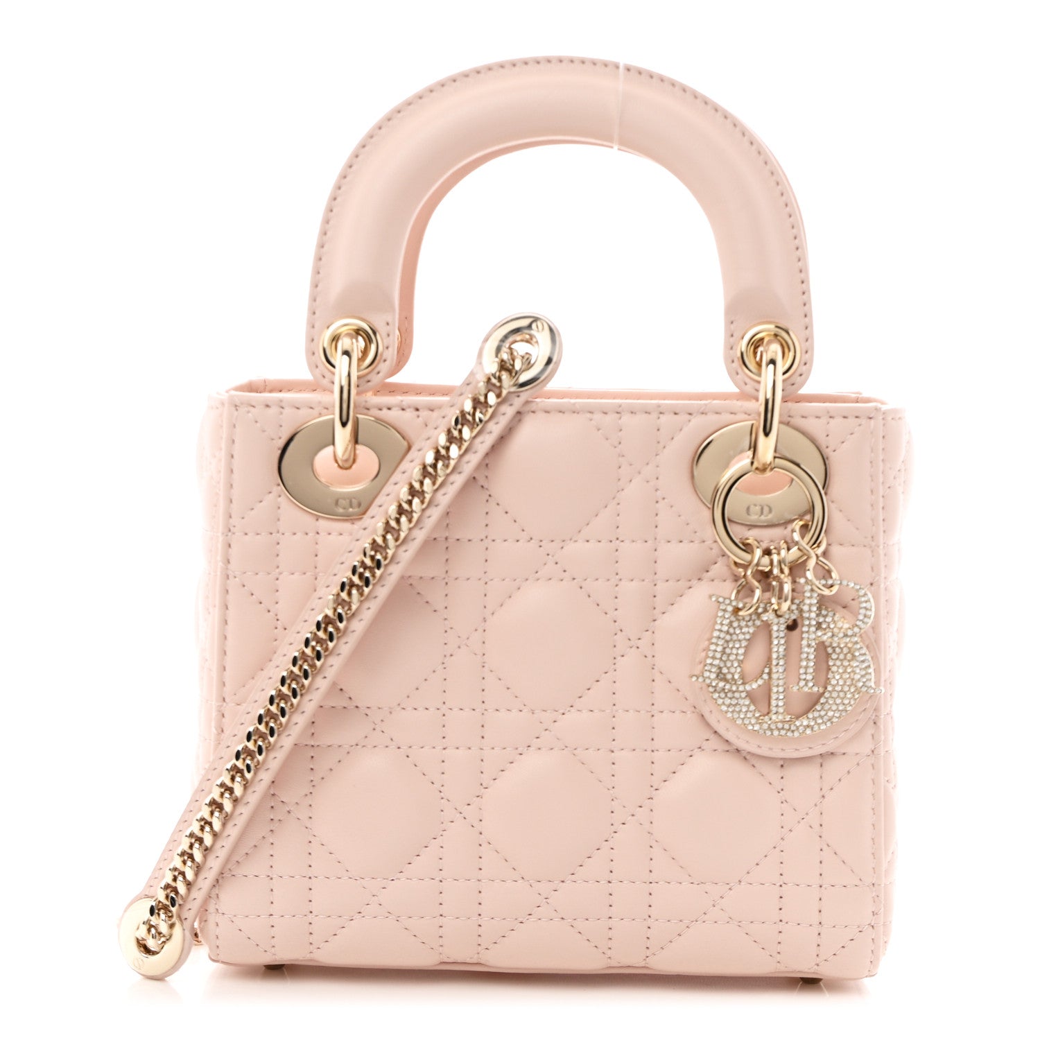 Lambskin Cannage Crystal Mini Lady Dior Powder Pink