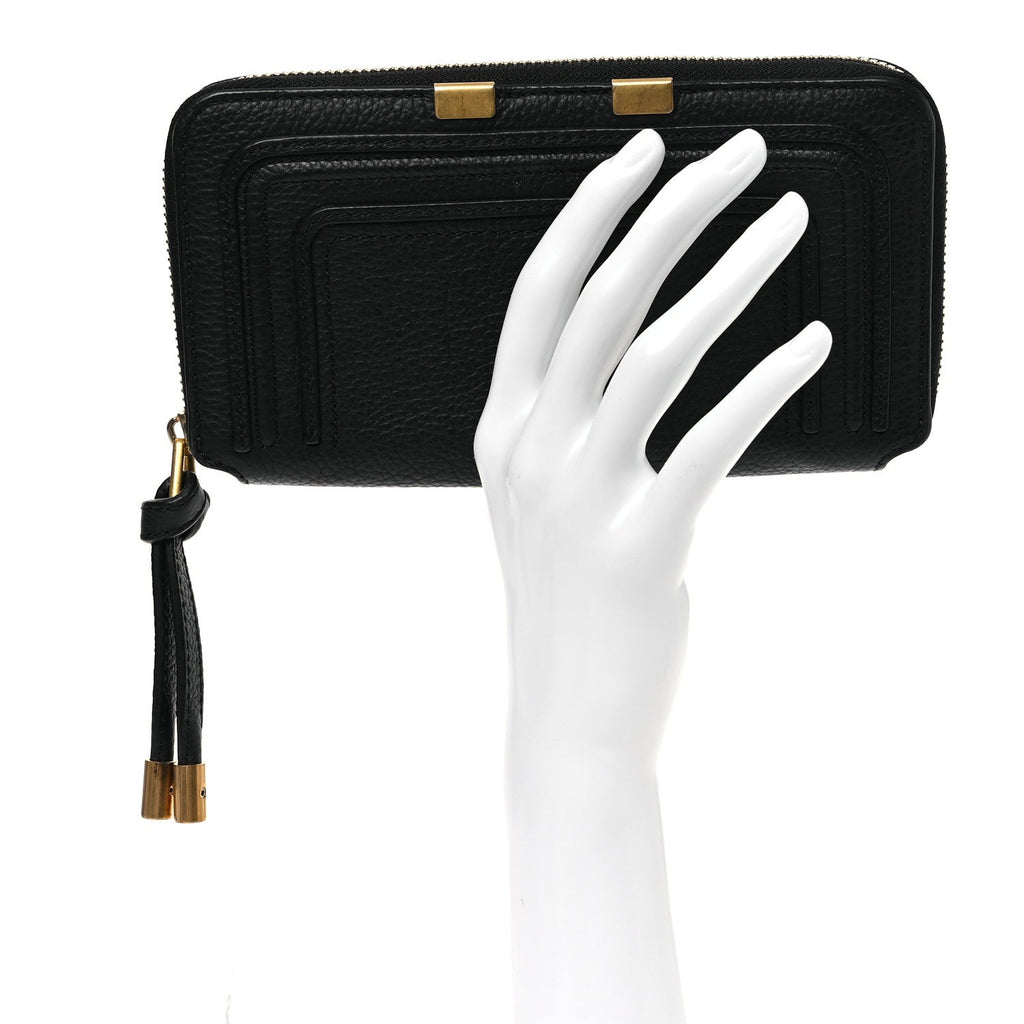 Grained Calfskin Marcie Long Zip Around Wallet Black