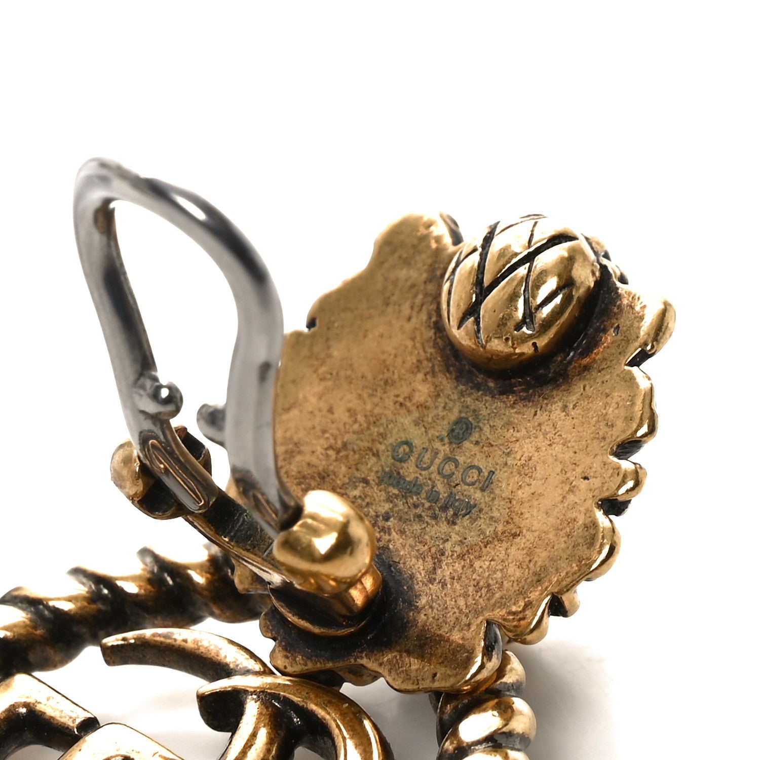 Metal Double G Lion Head Clip On Earrings Aged Gold