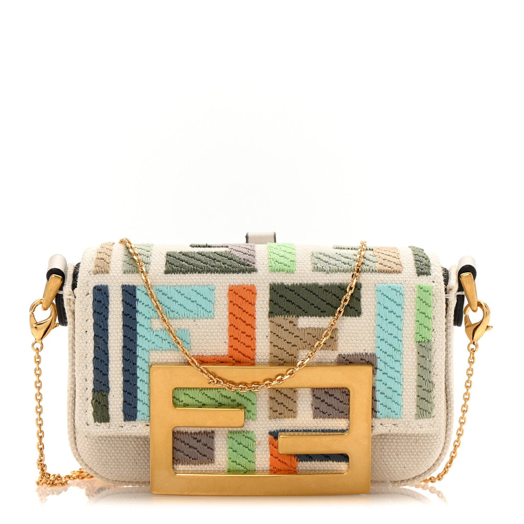 Canvas Nappa FF Multicolor Embroidered Nano Maxi Buckle Baguette Charm Grezzo Multicolor