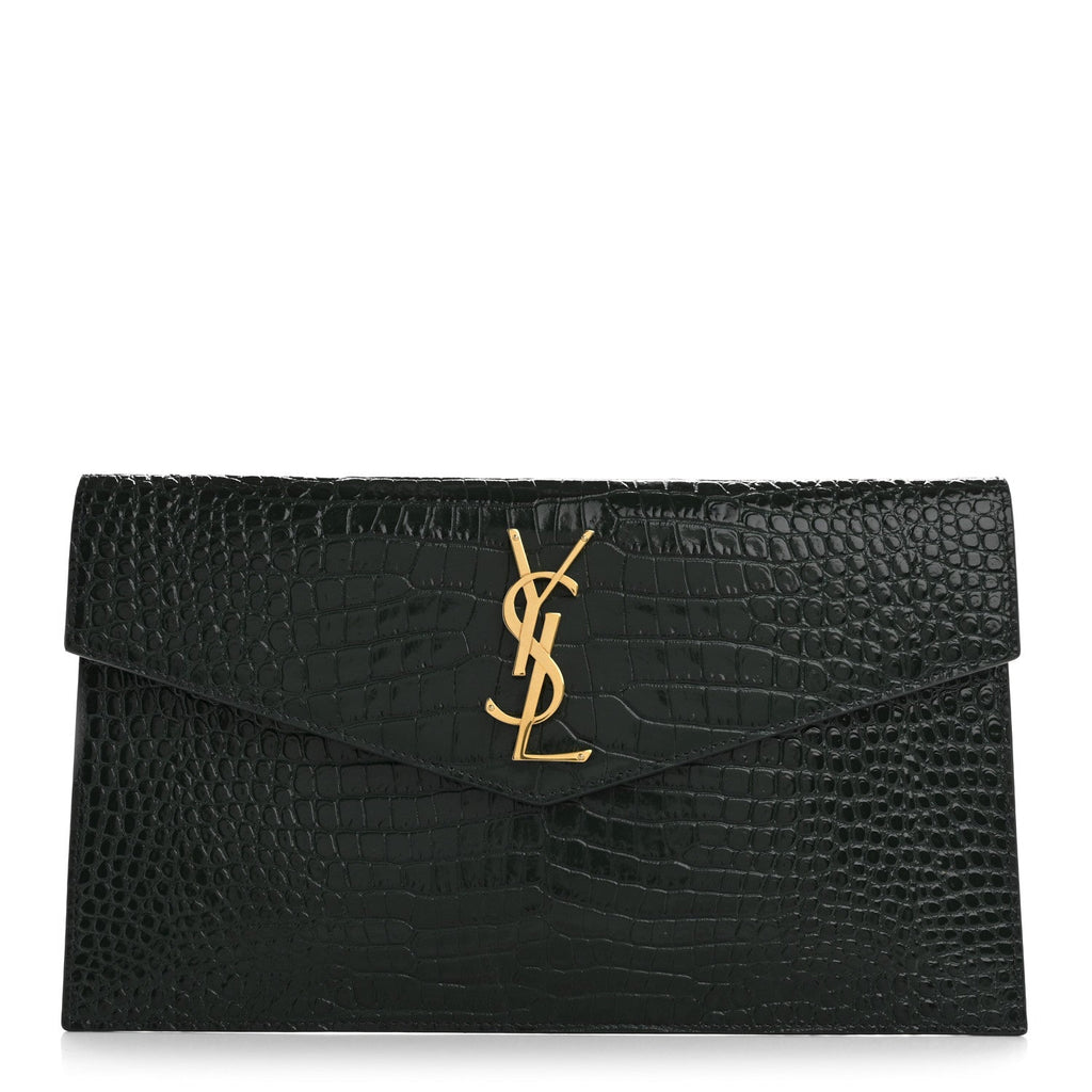 Calfskin Crocodile Embossed Uptown Monogram Clutch Dark Green