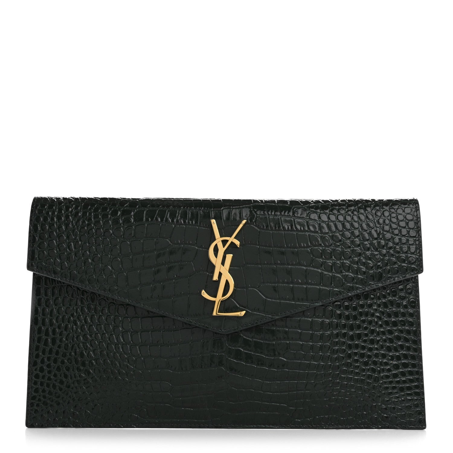 Calfskin Crocodile Embossed Uptown Monogram Clutch Dark Green