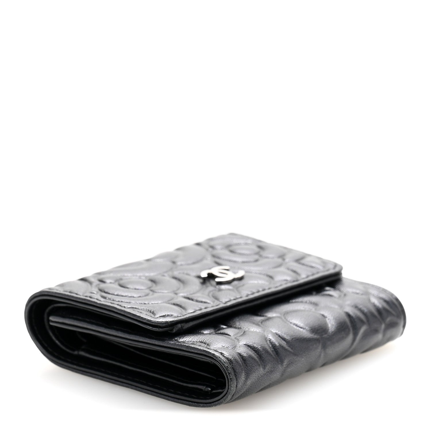 Lambskin Camellia Embossed Small Double Wallet Black