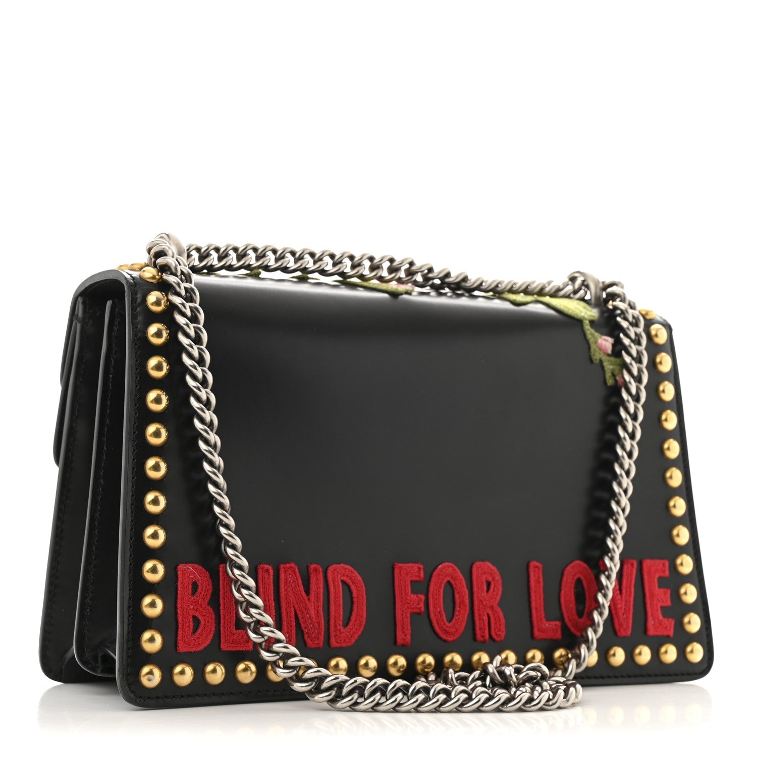 Calfskin Floral Embroidered Studded Small Dionysus Shoulder Bag Black