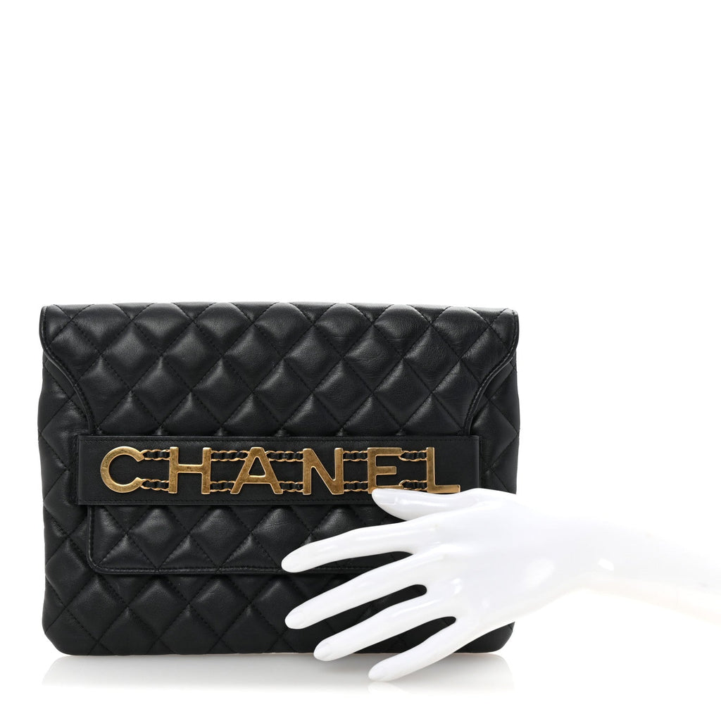 Calfskin Quilted Front Logo Enchained Clutch Black