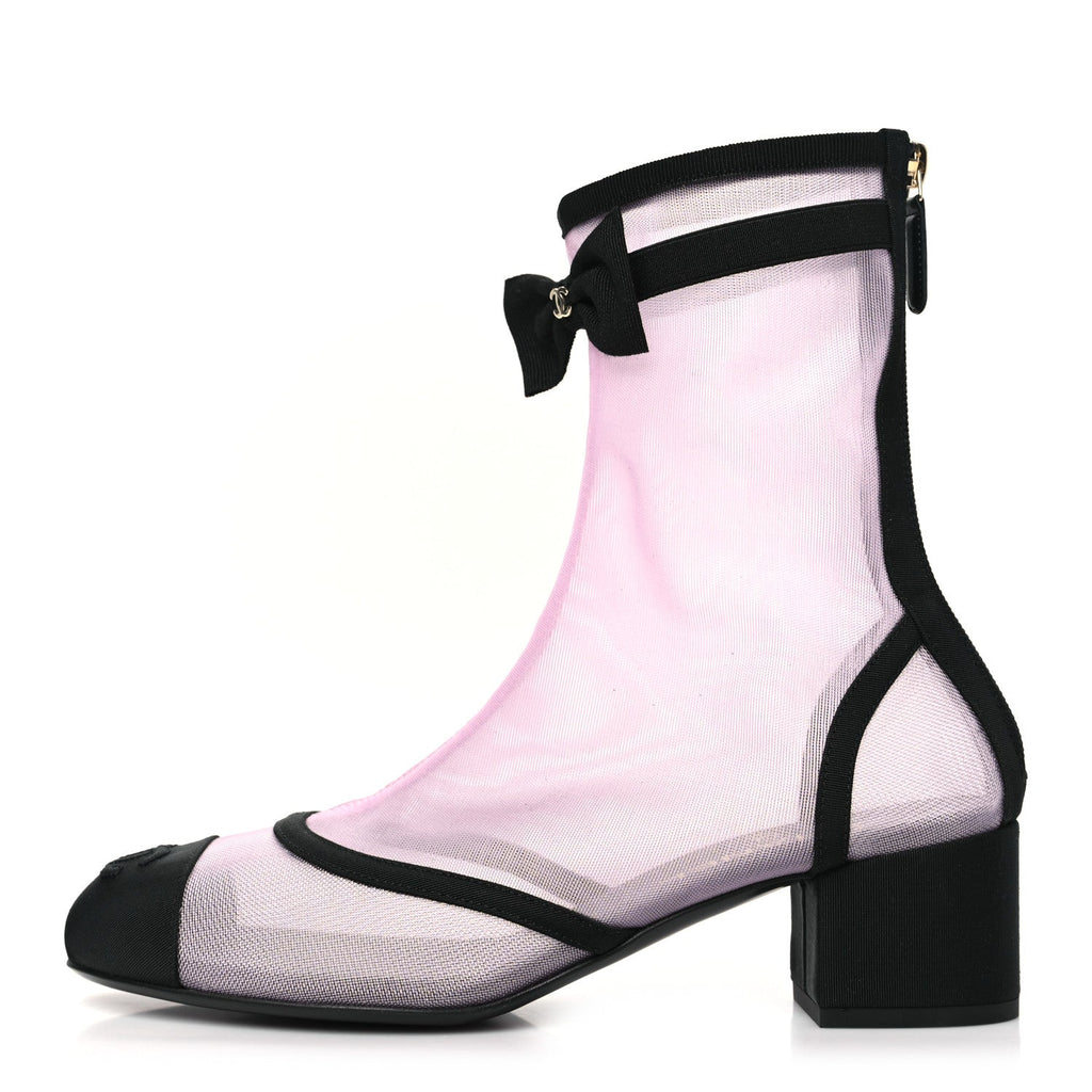 Mesh Grosgrain CC Cap Toe Ankle Boots 38.5 Light Pink Black