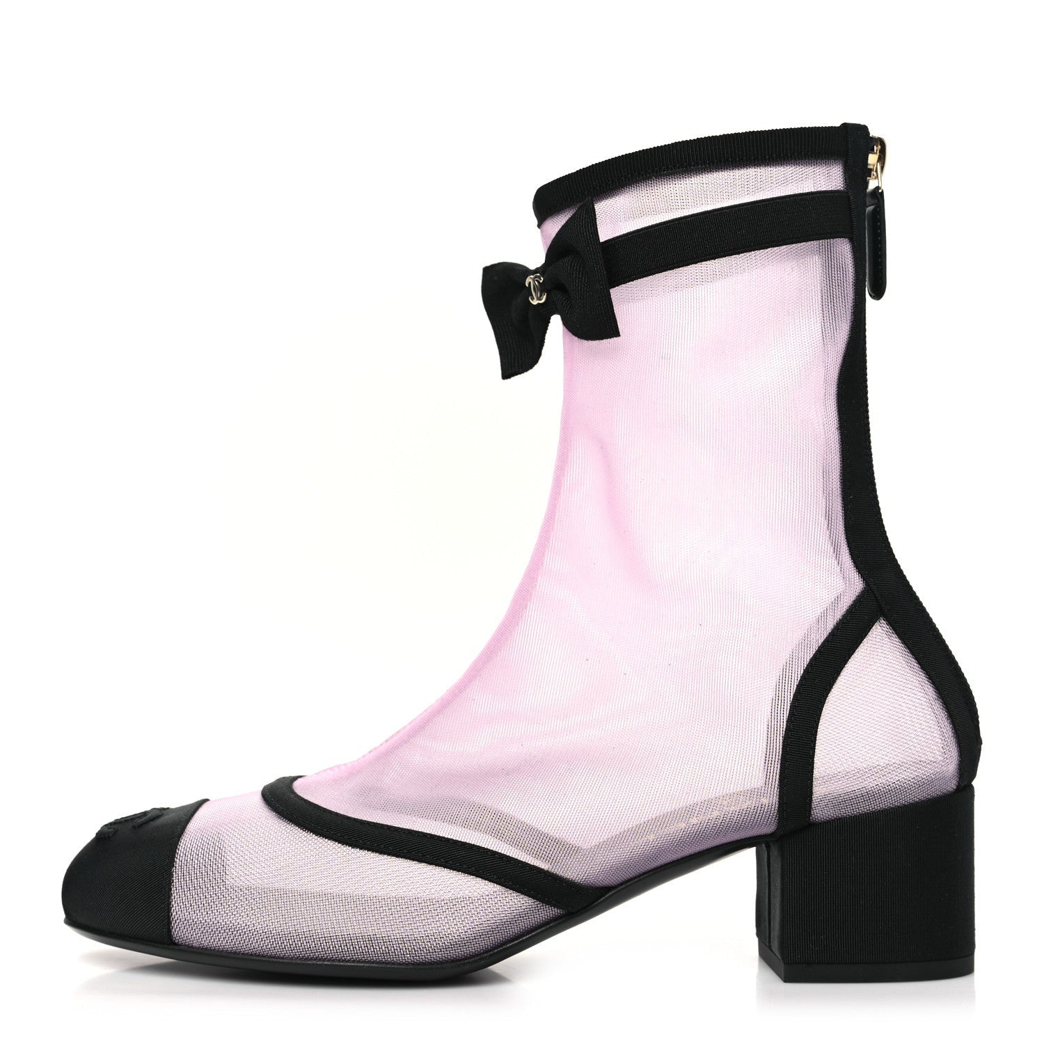 Mesh Grosgrain CC Cap Toe Ankle Boots 38.5 Light Pink Black
