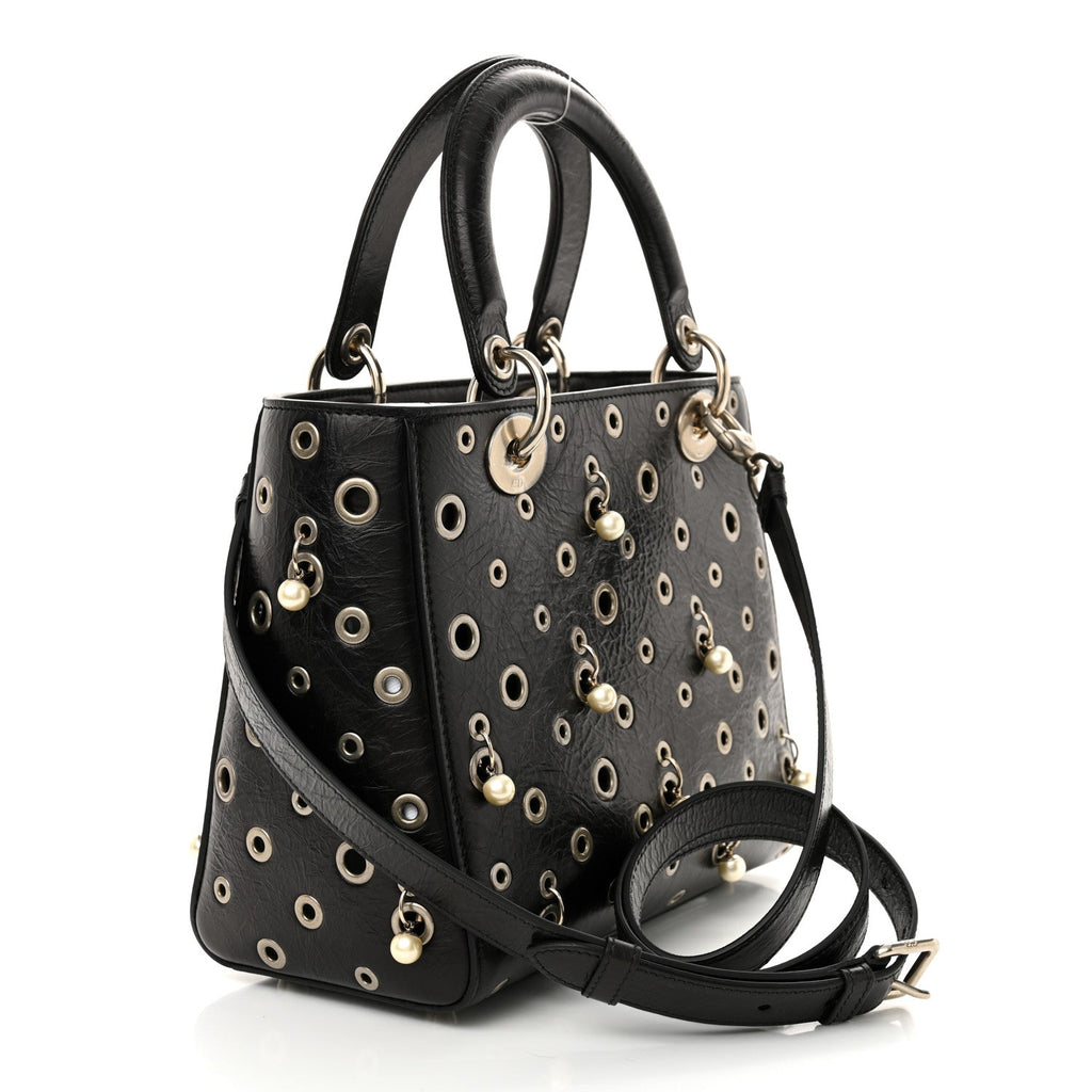 Crinkled Calfskin Studded Pearls Medium Lady Dior Black