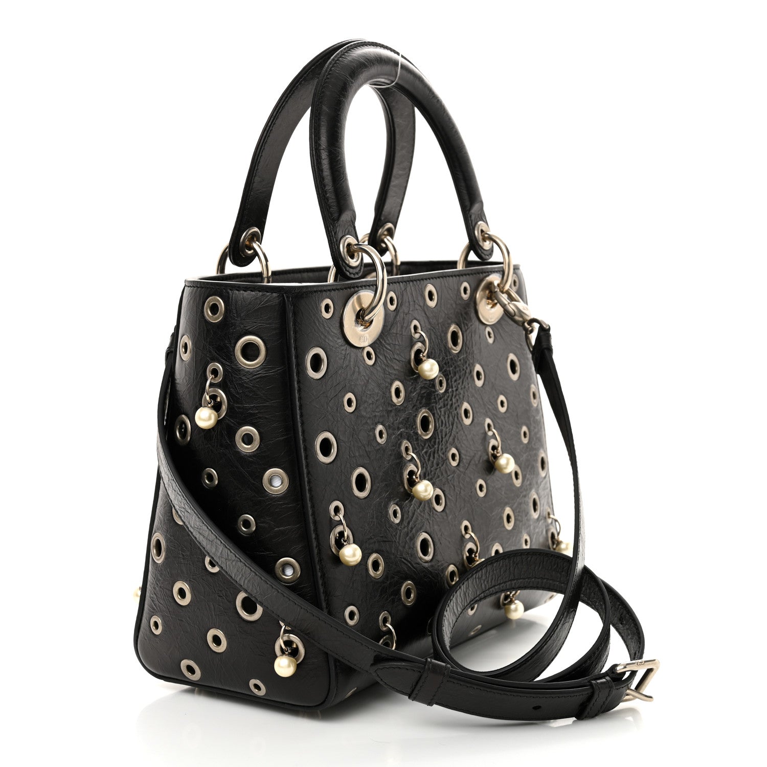 Crinkled Calfskin Studded Pearls Medium Lady Dior Black