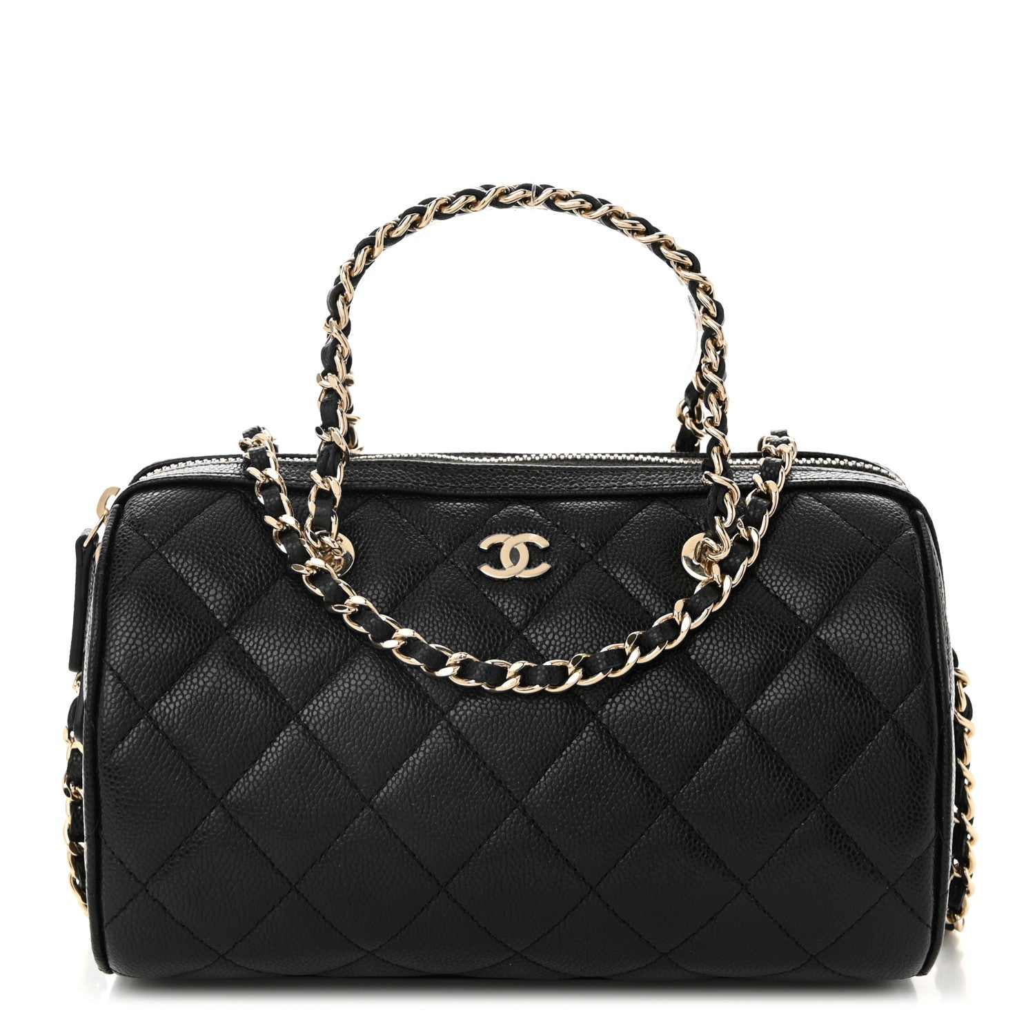 Caviar Quilted Barrel Clutch With Chain Black