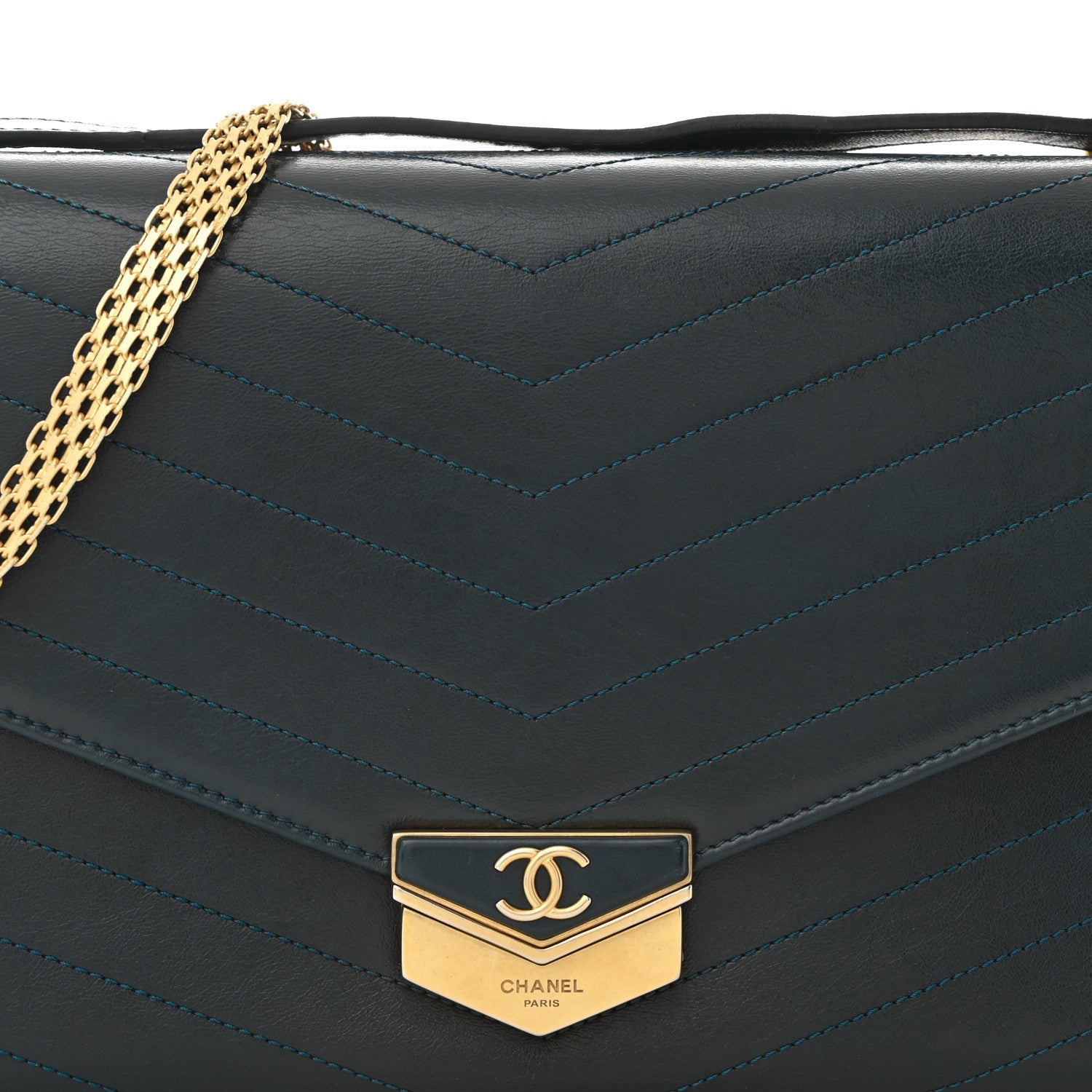 Calfskin Chevron Quilted Medal Flap Blue