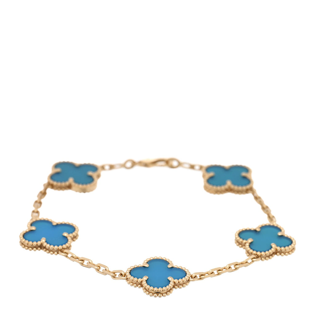 18K Yellow Gold Blue Agate 5 Motifs Vintage Alhambra Bracelet