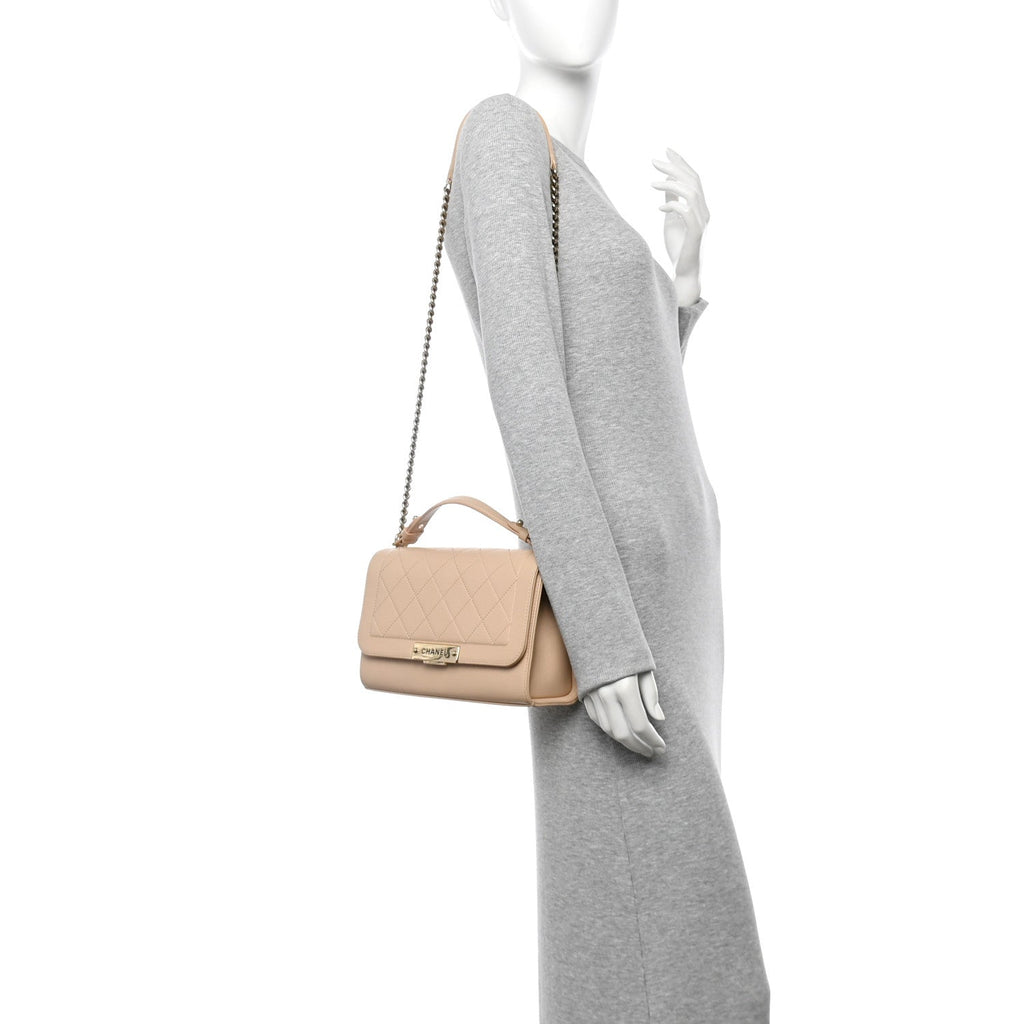 Grained Calfskin Quilted Medium Label Click Flap Bag Beige