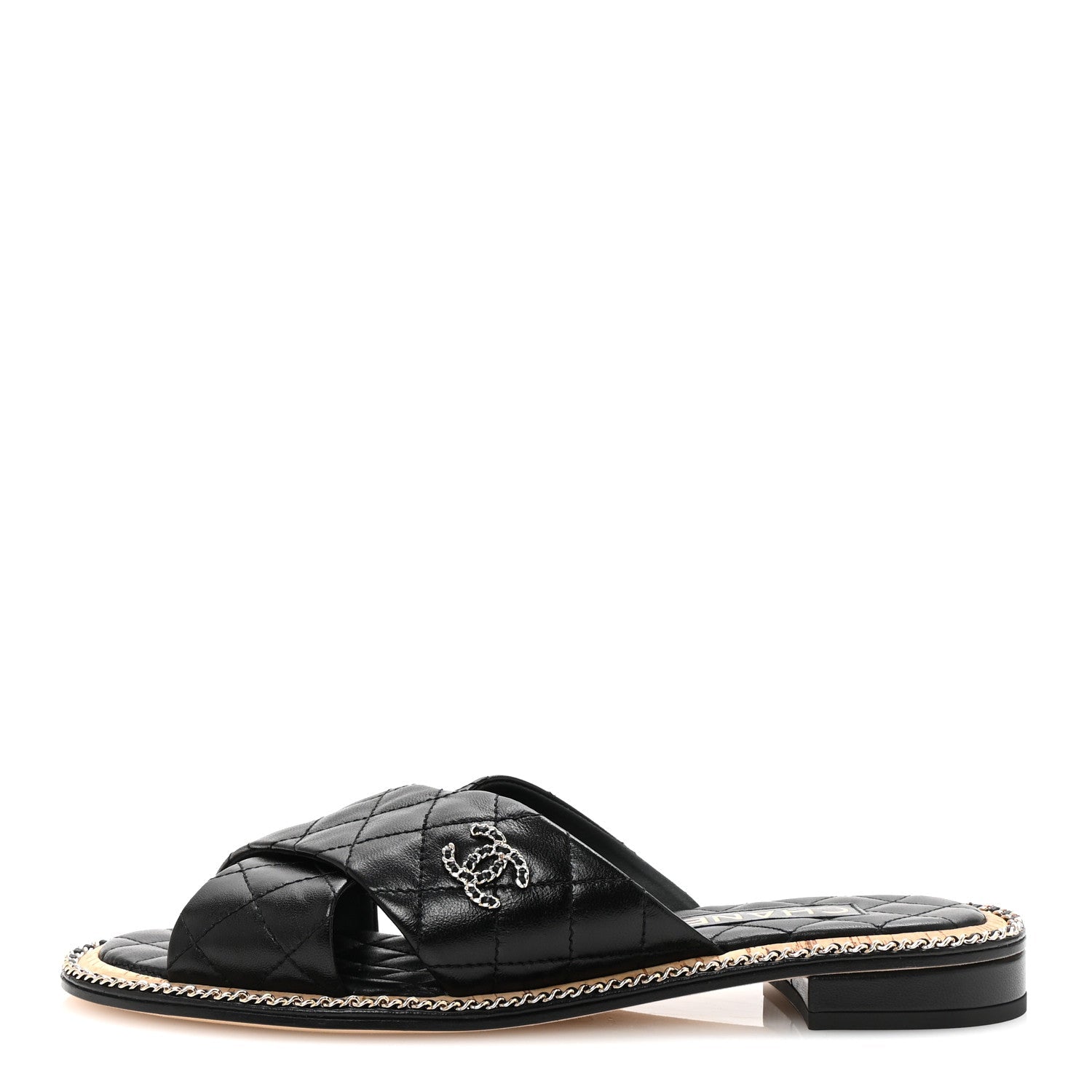 Lambskin Quilted Chain CC Sandals 40 Black
