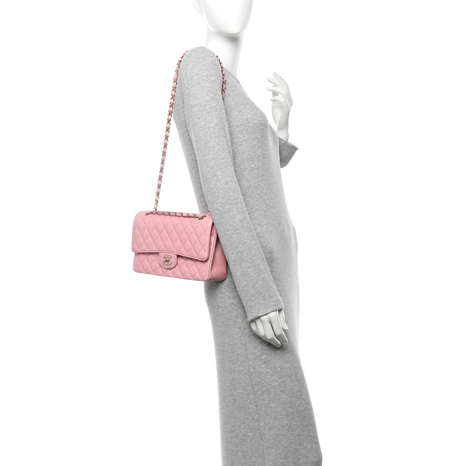 Iridescent Caviar Quilted Medium Double Flap Rose Pink