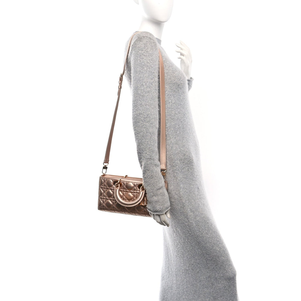 Metallic Lambskin Cannage Medium Lady D-Joy Pink