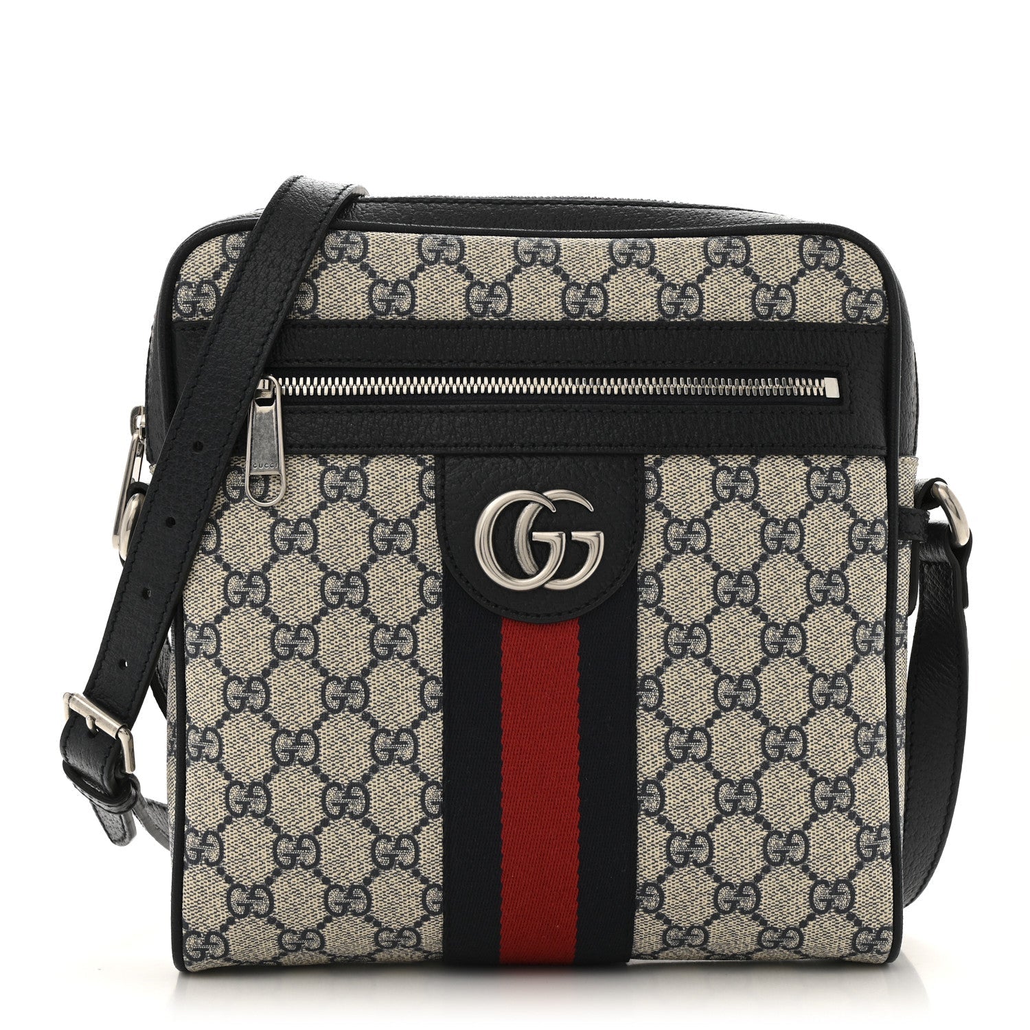 GG Supreme Monogram Textured Dollar Calfskin Web Small Ophidia Messenger Bag Beige Blue