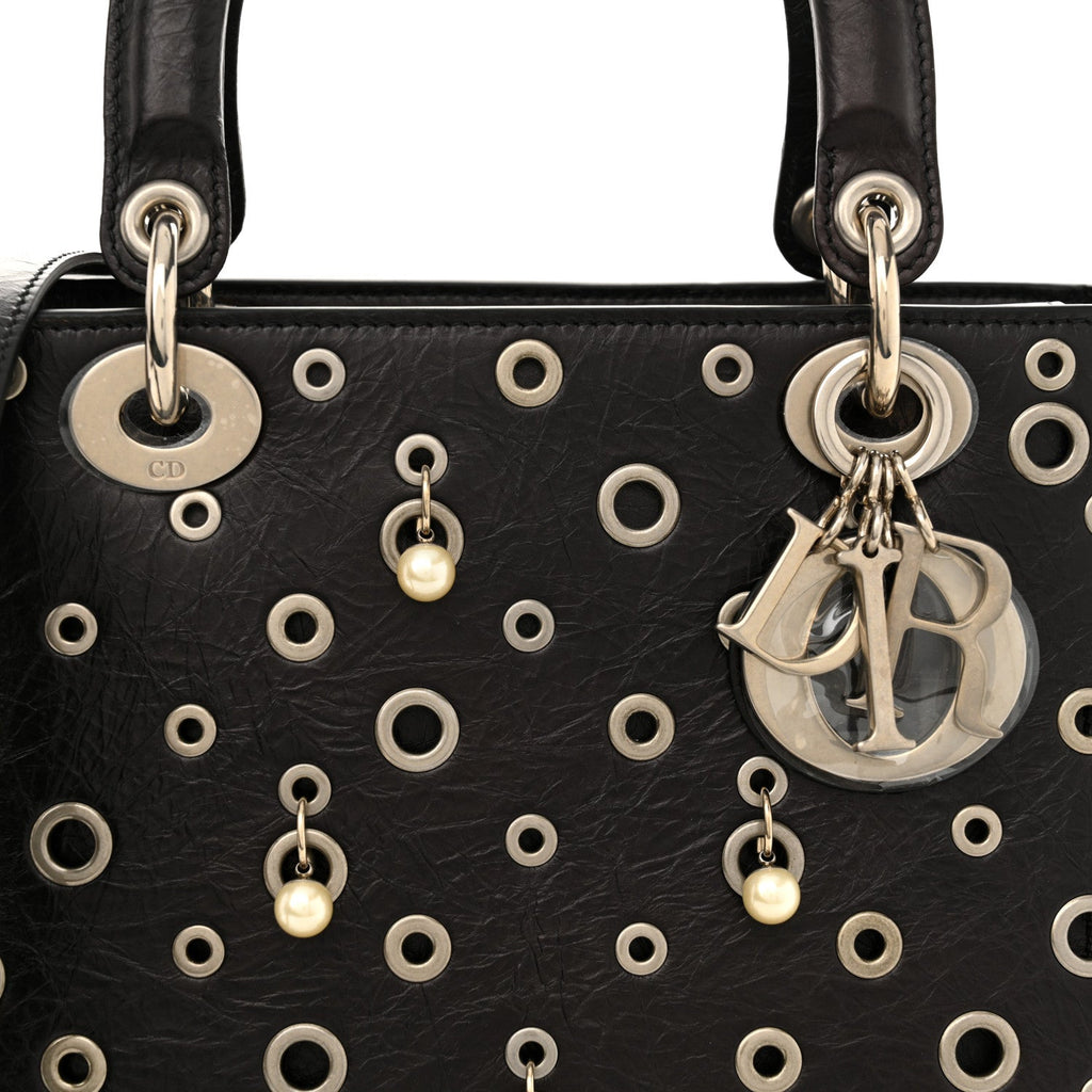 Crinkled Calfskin Studded Pearls Medium Lady Dior Black