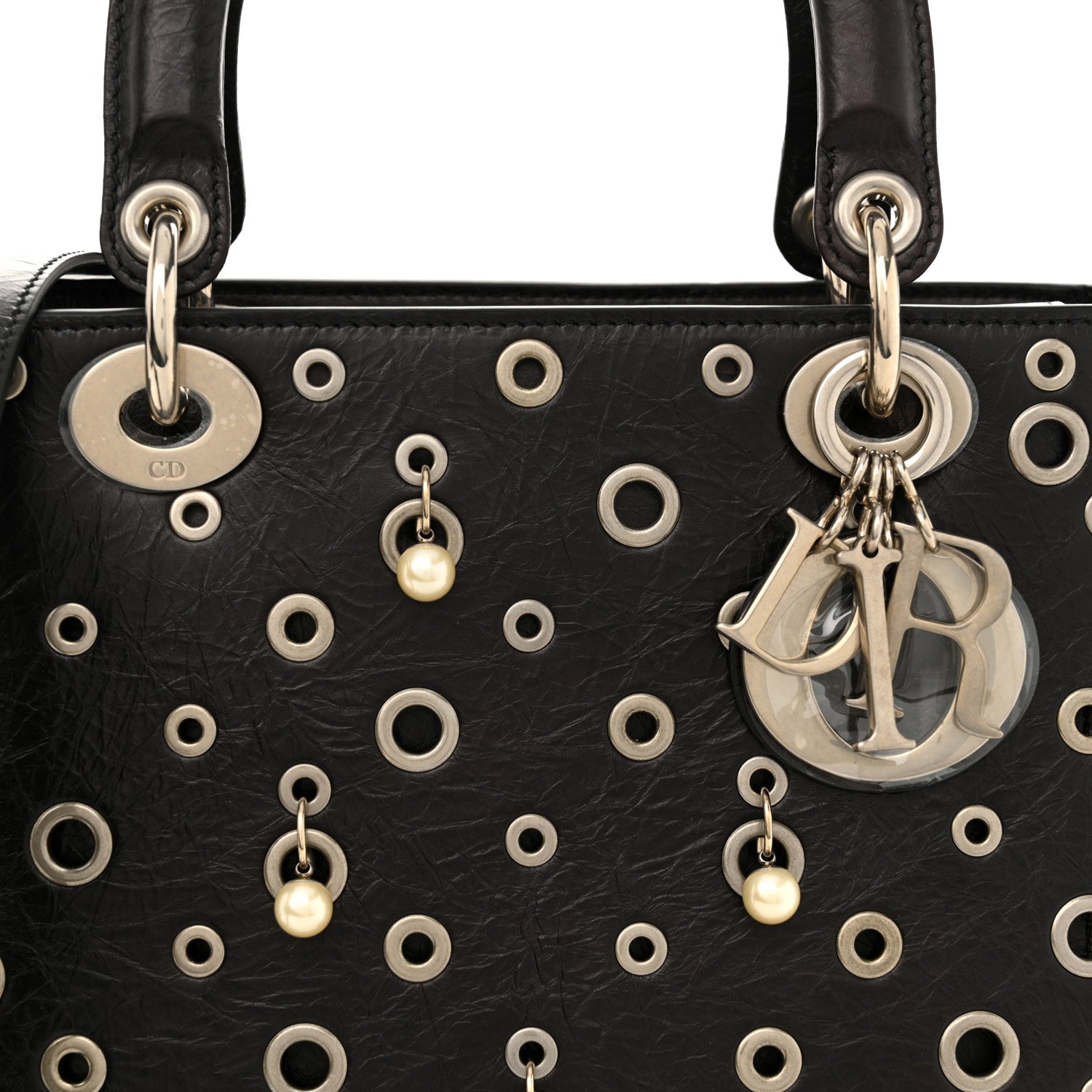 Crinkled Calfskin Studded Pearls Medium Lady Dior Black