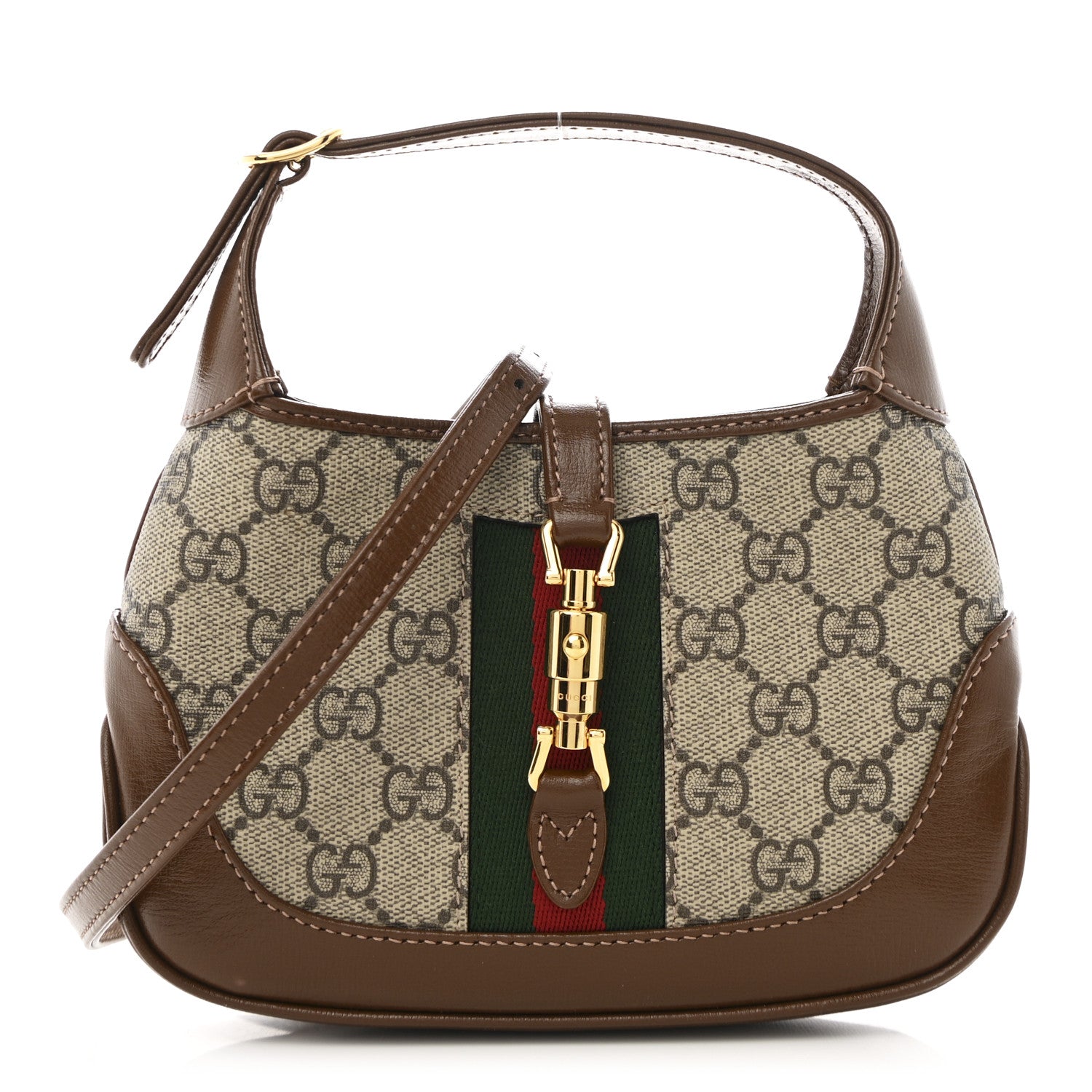 GG Supreme Monogram Azalea Calfskin Web Mini Jackie 1961 Hobo Beige Ebony Brown Sugar