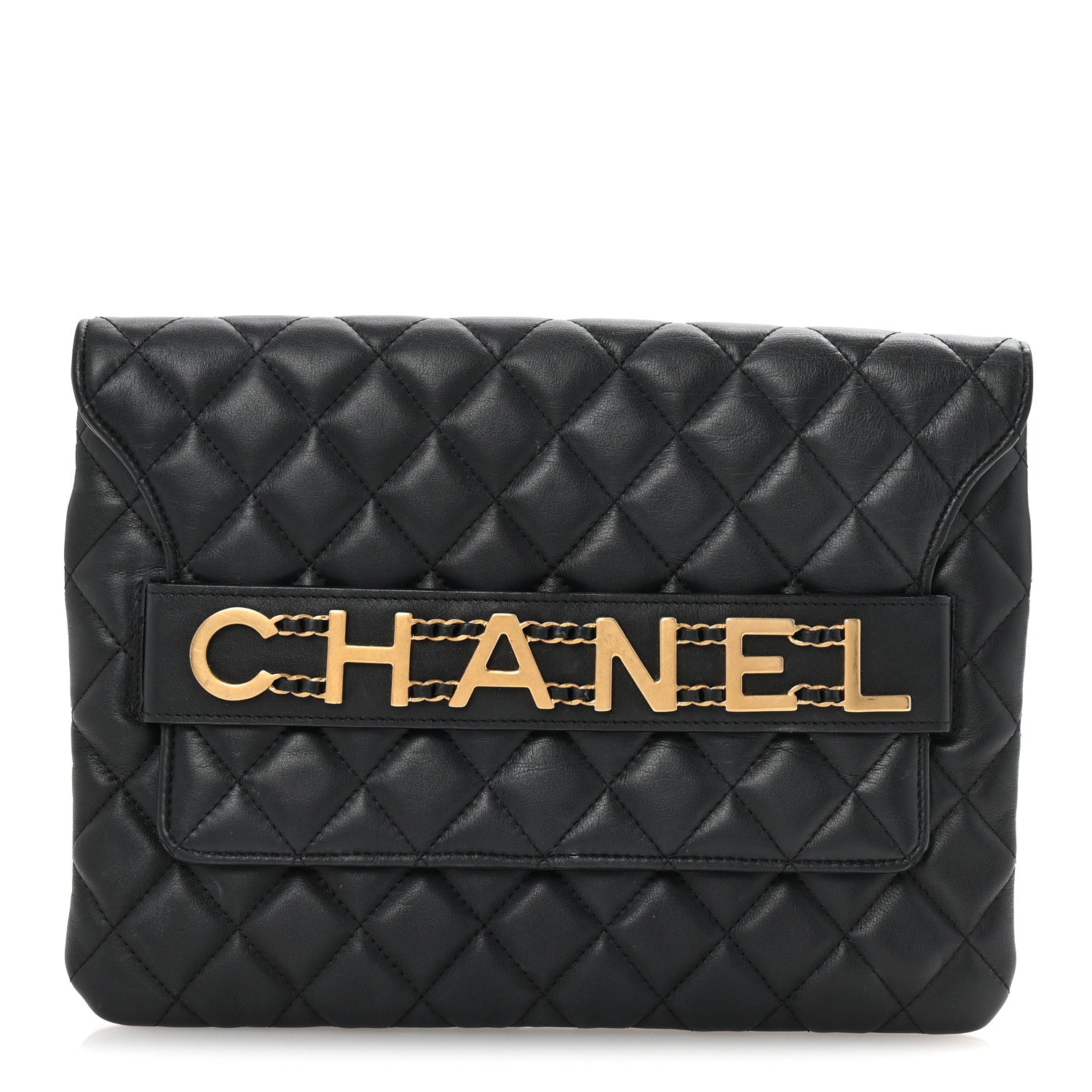 Calfskin Quilted Front Logo Enchained Clutch Black