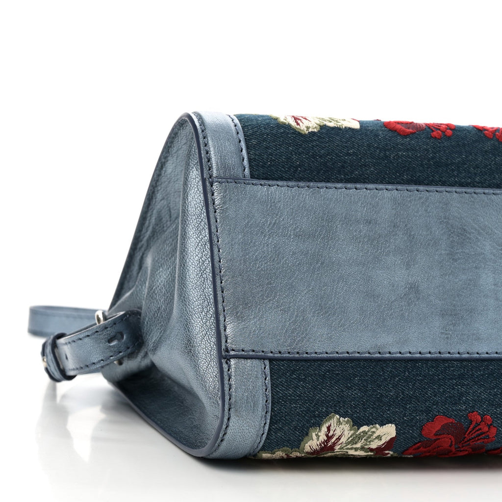 Denim Floral Embroidered Small Skull Padlock Zip Around Tote Blue Multicolor