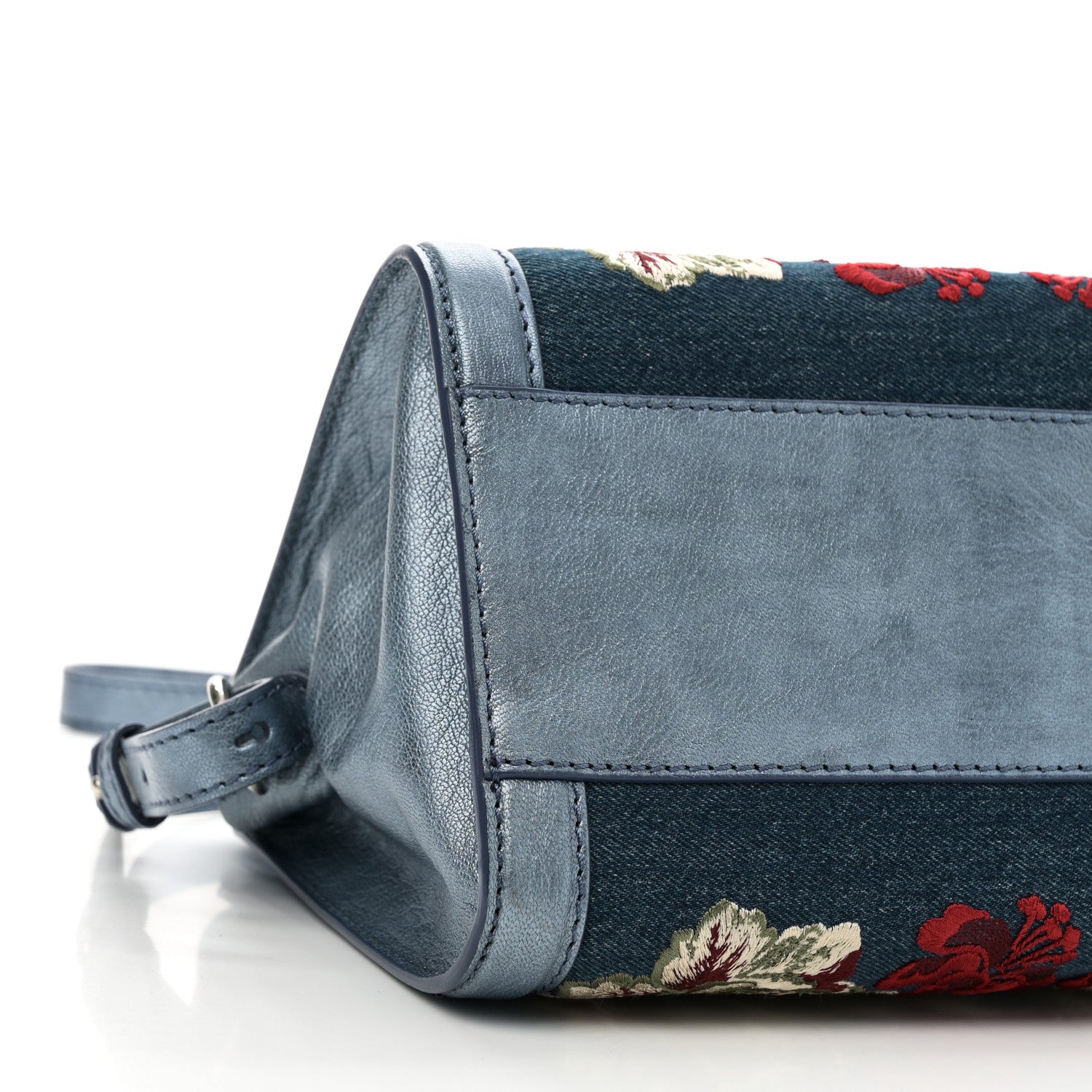 Denim Floral Embroidered Small Skull Padlock Zip Around Tote Blue Multicolor