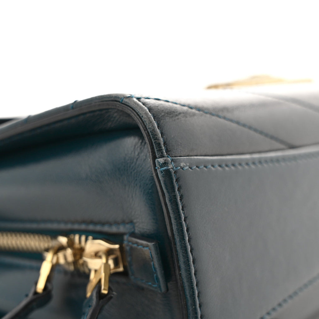 Calfskin Chevron Quilted Medal Flap Blue