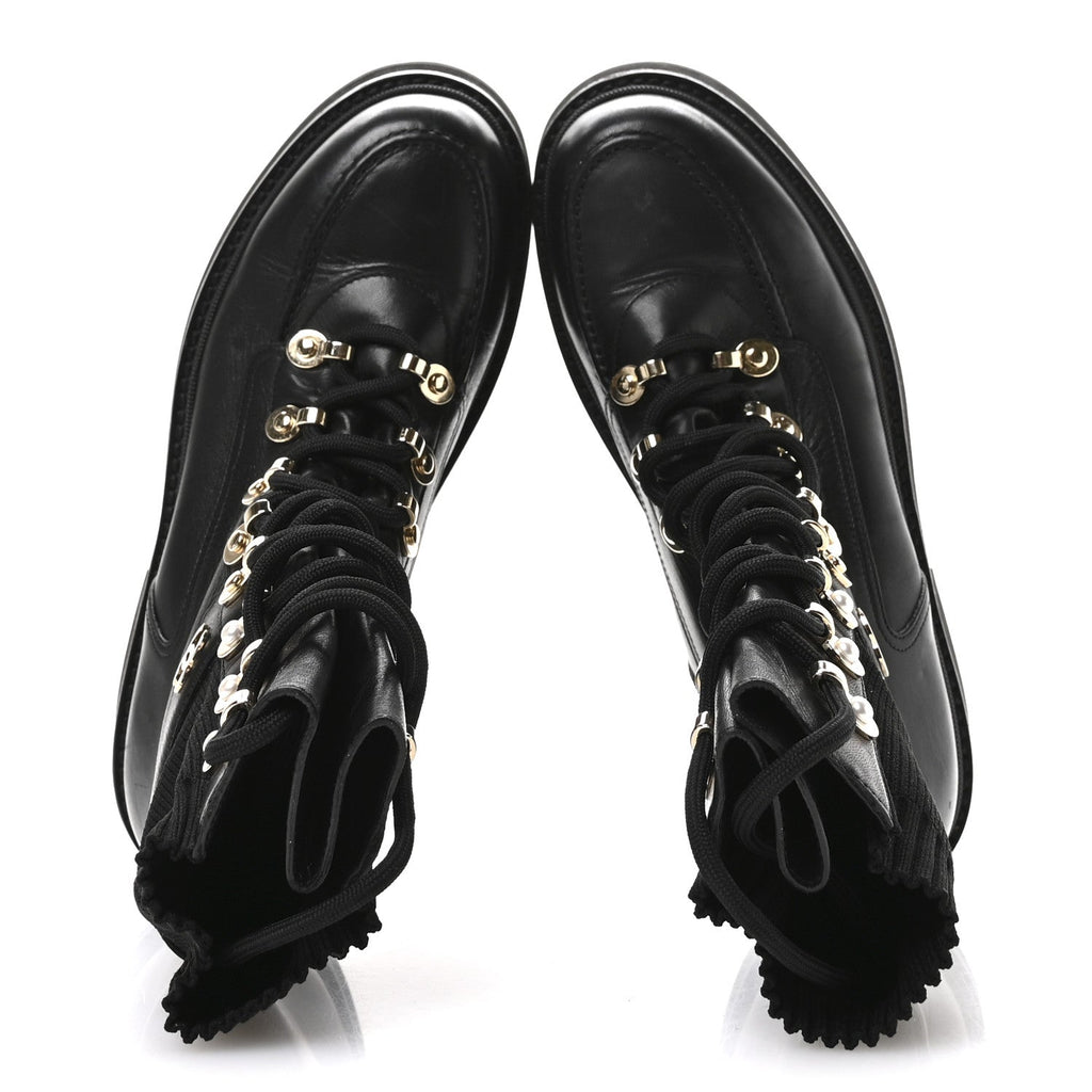 Calfskin Knit Lace Up Combat Boots 37.5 Black