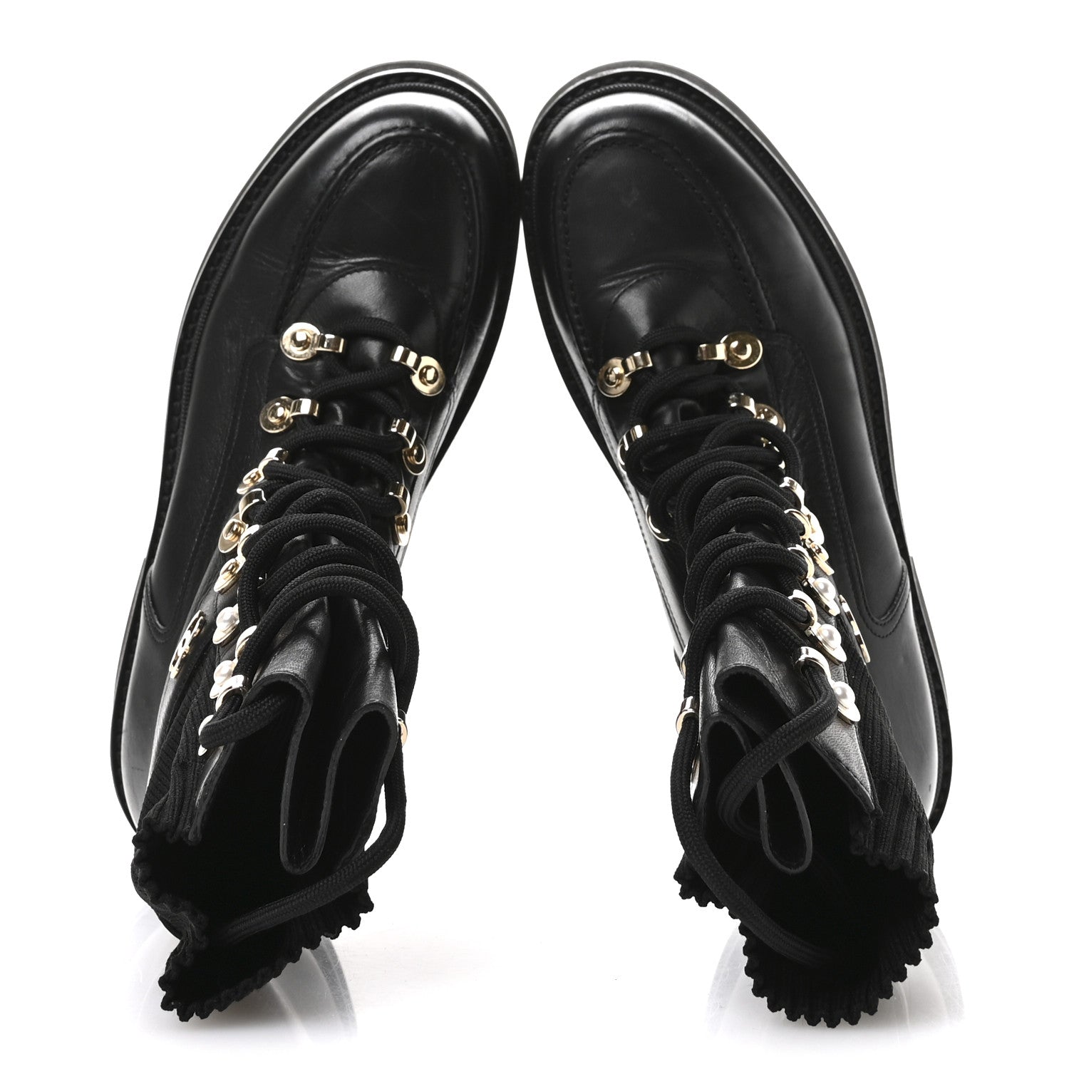 Calfskin Knit Lace Up Combat Boots 37.5 Black