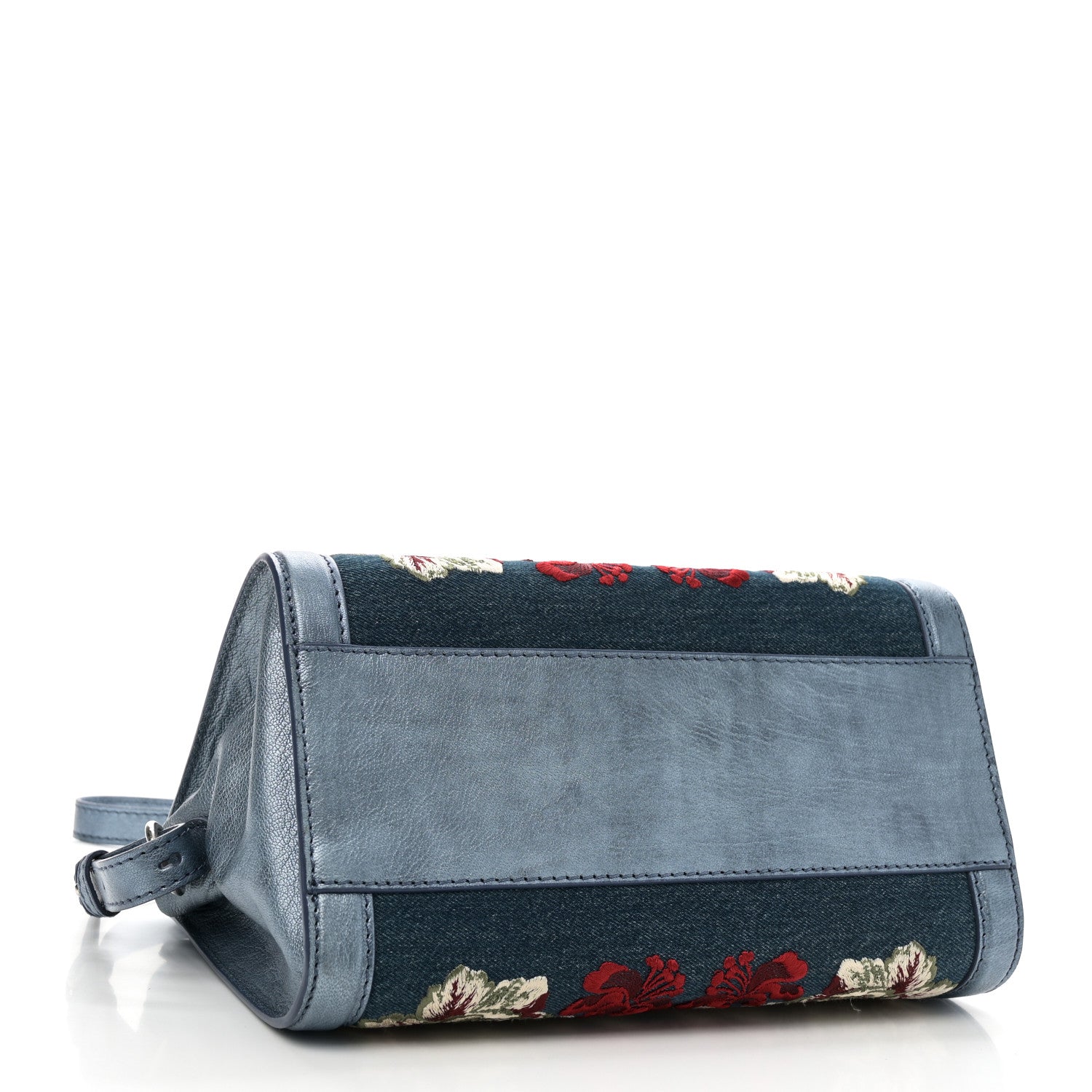 Denim Floral Embroidered Small Skull Padlock Zip Around Tote Blue Multicolor