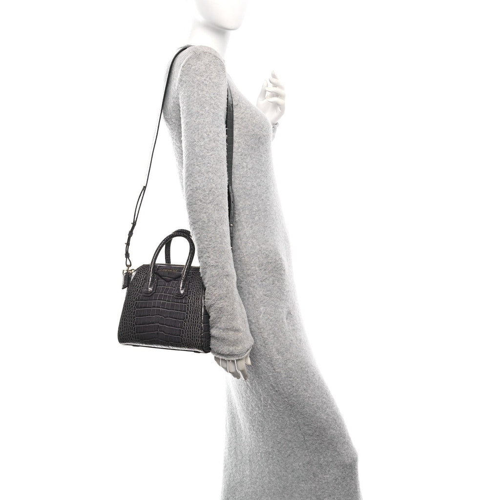 Calfskin Crocodile Embossed Mini Antigona Storm Grey